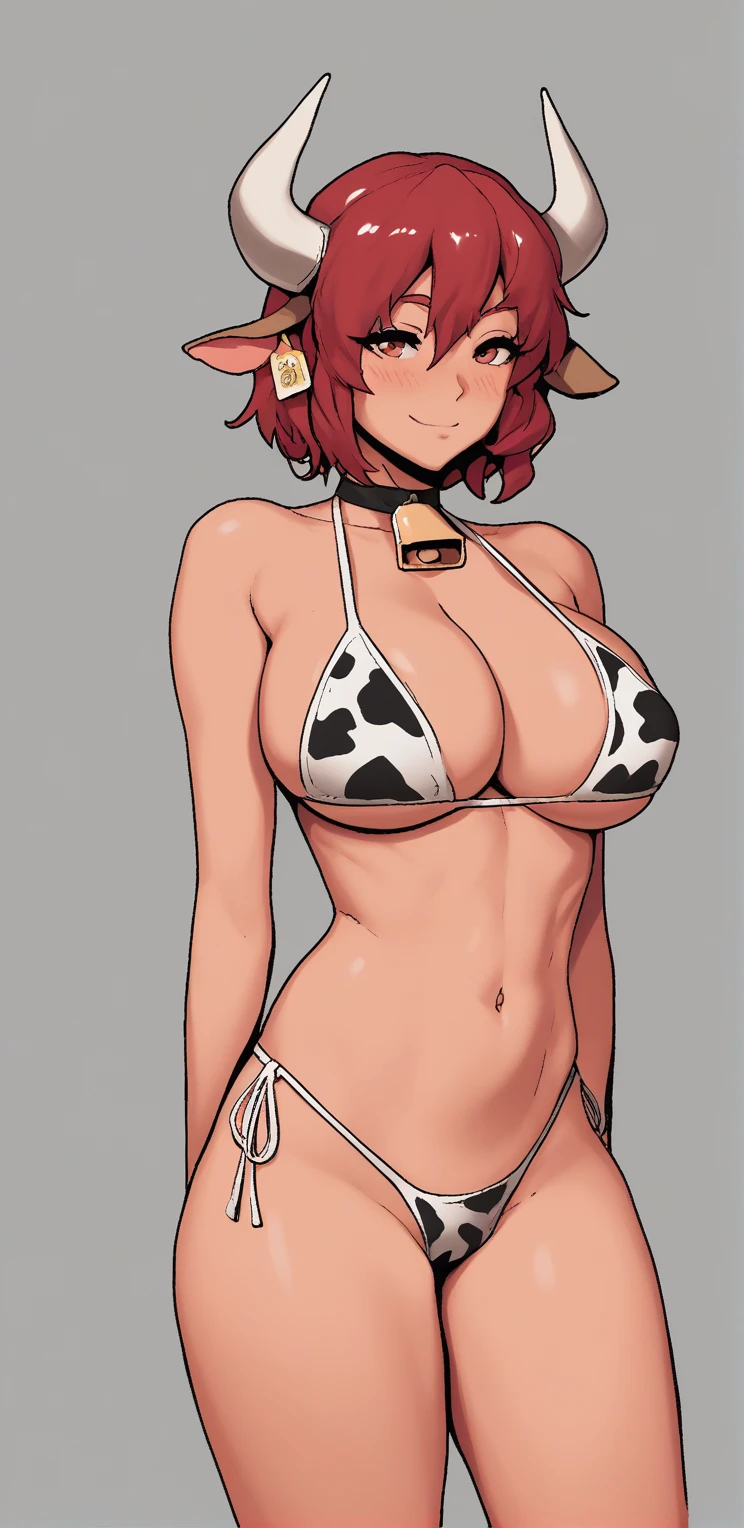 anime girl with red hair and horns in a cow print swimsuit, Oppai, seductive anime girl, Biomechanical Oppai, oppai proportions, thick, , [ Arte Digital 4K ]!!, with big breasts, realistic bikini, Ecchi, big breasts!, (sfw) safe for work, a hyperrealistic schoolgirl