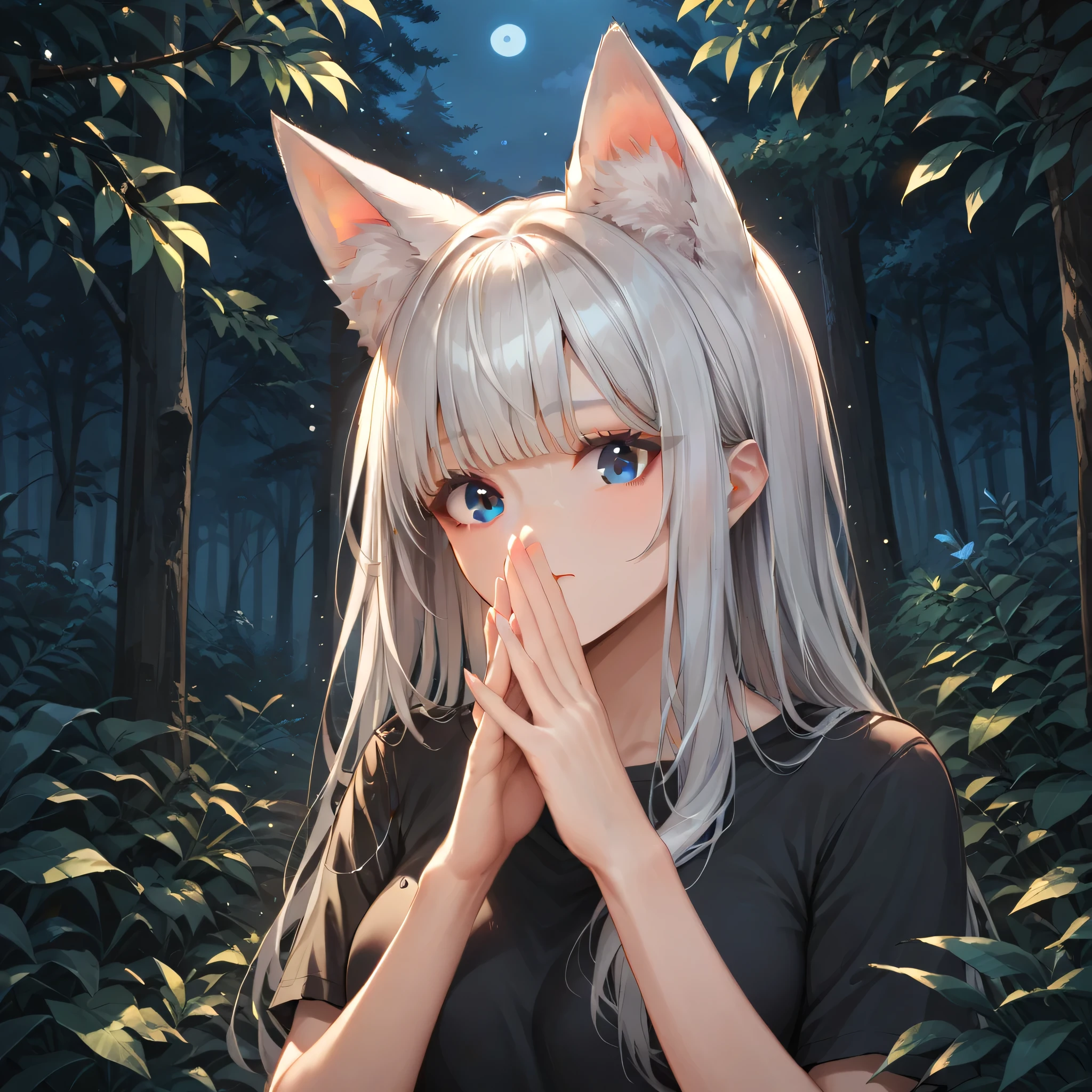 (high quality_detailed_Beautiful Anime Women、Cell Shooting、Score_9, Score_8_superior, Score_7_superior),(Silver Hair_bangs_Long hair with movement_Fox ears_Shiny blue eyes、Simple outline_Perfect Face_)_(Black Shirt)(The Forest_dark_night_Sea of Trees)、Eyes wide open in surprise、Standing with hands over mouth、、(1girl)