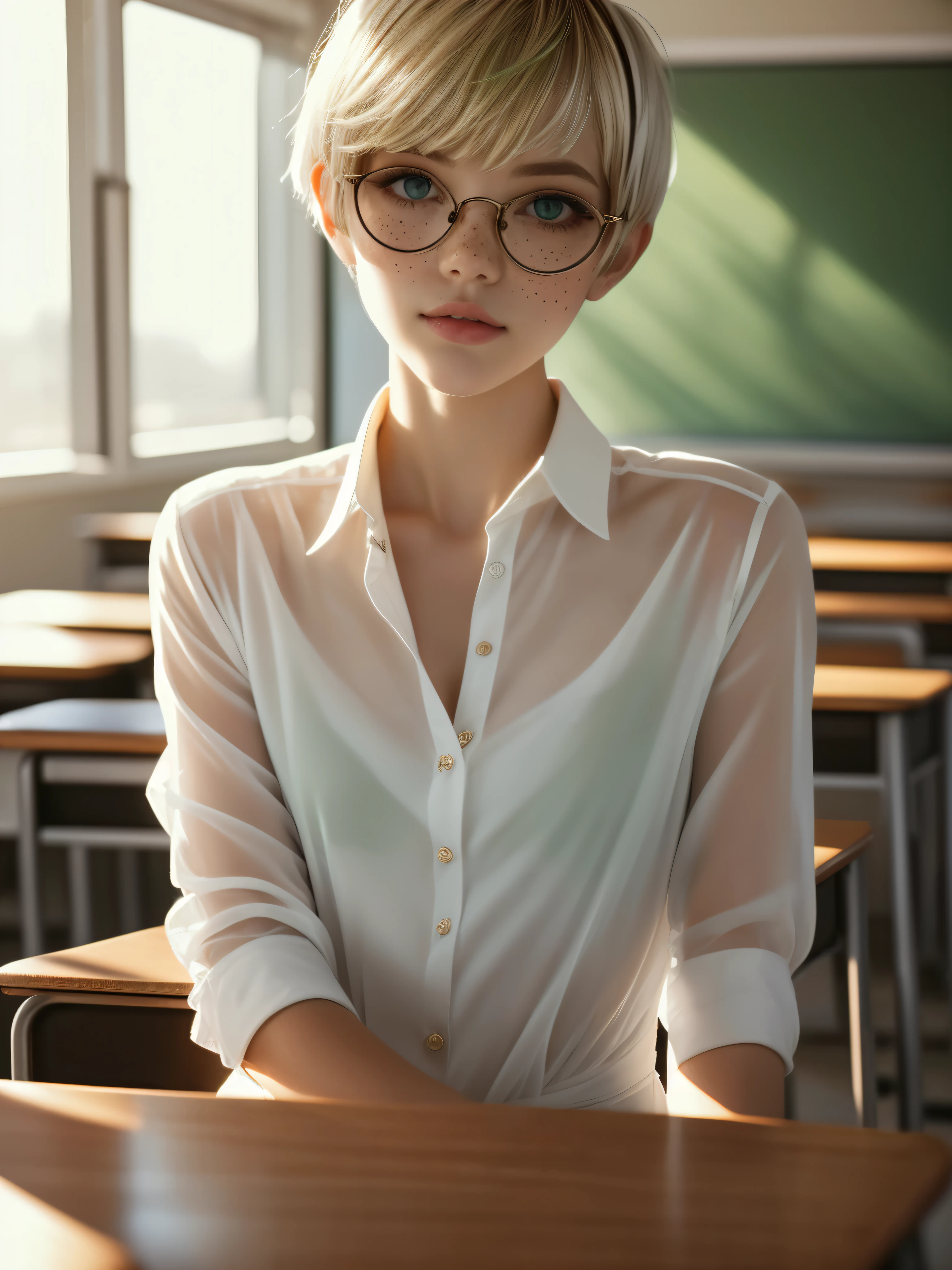 1girl, elegant bearing, small, slender build, short height, narrow shoulders, pale skin dotted by freckles, short platinum blonde hair, (((pixie cut hairstyle))), (((boyish hair))), (dark green eyes), silver glasses, cute facial features with an underlying elegance, thin lips, small breasts, youthful  girl, RAW photo, ((slim body: 1)), (HQ skin: 1.4), 8k uhd, soft light, high quality, ((school uniform, white dress shirt, gold accents, (looking at viewer:1.4), classroom
