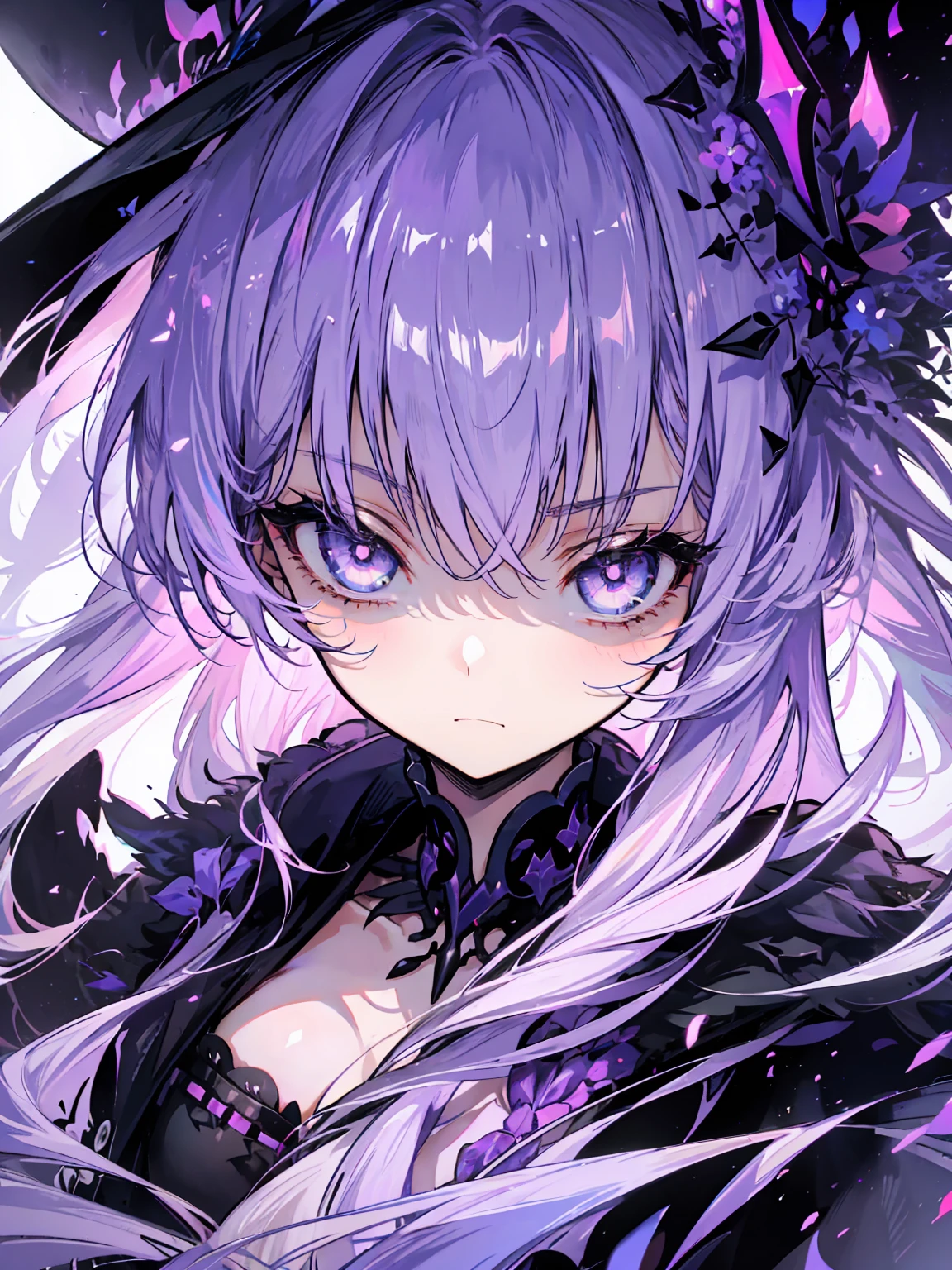 girl villain grim reaper scythe chain darkness black robe straight face chain smoke purple hair long hair