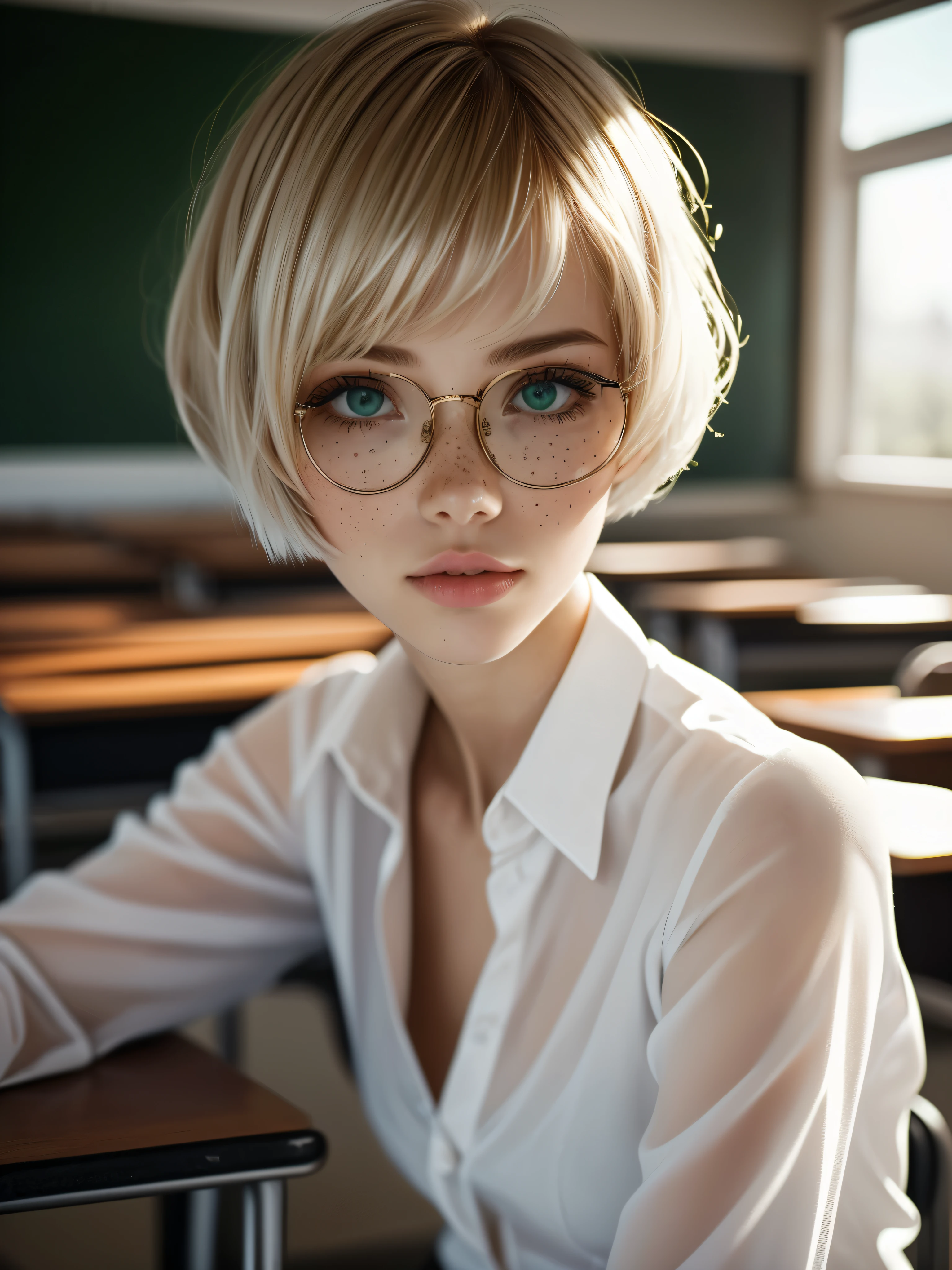 1girl, elegant bearing, small, slender build, short height, narrow shoulders, pale skin dotted by freckles, short platinum blonde hair, (((pixie cut hairstyle))), (((boyish hair))), (dark green eyes), silver glasses, cute facial features with an underlying elegance, thin lips, small breasts, youthful teen girl, RAW photo, ((slim body: 1)), (HQ skin: 1.4), 8k uhd, soft light, high quality, ((school uniform, white dress shirt, gold accents, (looking at viewer:1.4), classroom
