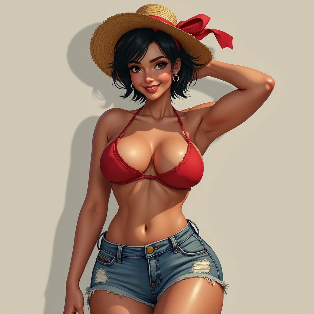 Mulher de 23 anos, rosto quadrado, sobrancelhas grossas, cabelo liso, piercing de argola no nariz, magra, morena com pele clara e cabelo escuro, olhos castanhos escuros, art em modelo pixar