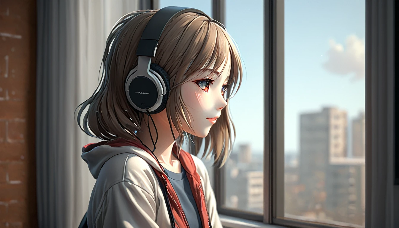 a girl anime with headphone in window 