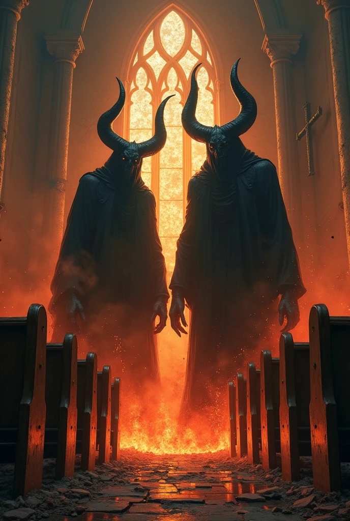Two black-robed angels who torture the devil in hell and whip the devil with hot and fiery chains until the devil screams in pain and bleeds from his mouth.