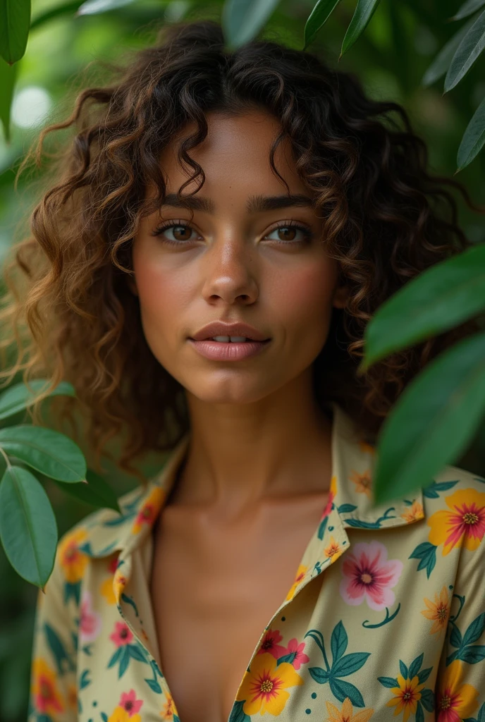 A Brazilian woman in a lush tropical garden, wearing an open shirt with a floral print, with a close-up capturing the harmonious beauty between her breasts and the natural flowers, showing off your natural charm and outgoing personality.