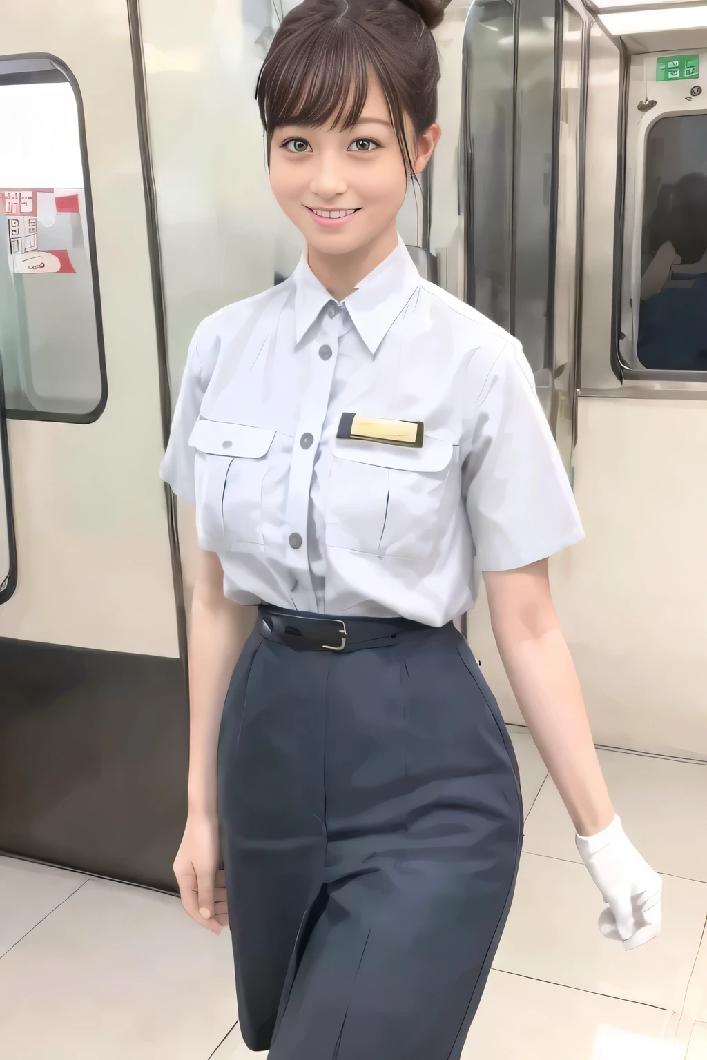 (masterpiece:1.2, Best Quality:1.2), 32K HDR, High resolution, (Alone、1 girl)、(On the roof of a building during the day、Professional Lighting)、Building rooftop background、(Real style woman wearing train crew uniform6)、(woman train crew uniform6 blouse short sleeve 、 Knee-length culottes skirt、Belt on waist)、(woman wearing train crew uniform6 vest)、Dark brown hair、(Hair tied up、Hair Bun)、Dark brown hair、Long Shot、Big Breasts、Thin legs、((Great hands:2.0)),((Harmonious body proportions:1.5)),((Normal limbs:2.0)),((Normal finger:2.0)),((Delicate eyes:2.0)),((Normal eyes:2.0)))、smile、(woman train crew uniform6 Knee-length culottes skirtを見せた美しい立ち姿) 、Hands clasped underneath