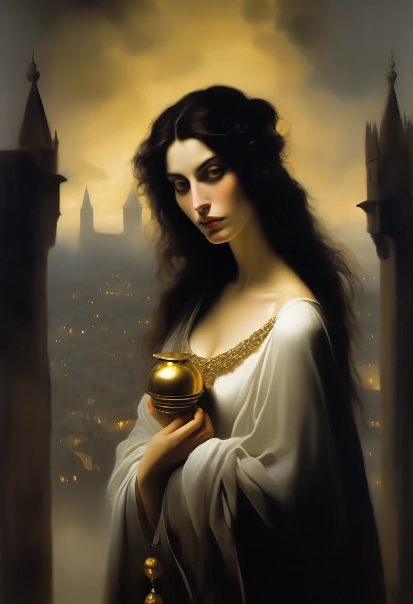 a very pale skinned european woman, covered by a white shroud with gold jewelry, she holds a golden bell in her hand , long dark hair, surrounded by will-o'-the-wisps, ruins of a large foggy medieval city at night in background, detail richness, masterpiece, best quality, caravaggio painting style, painting style