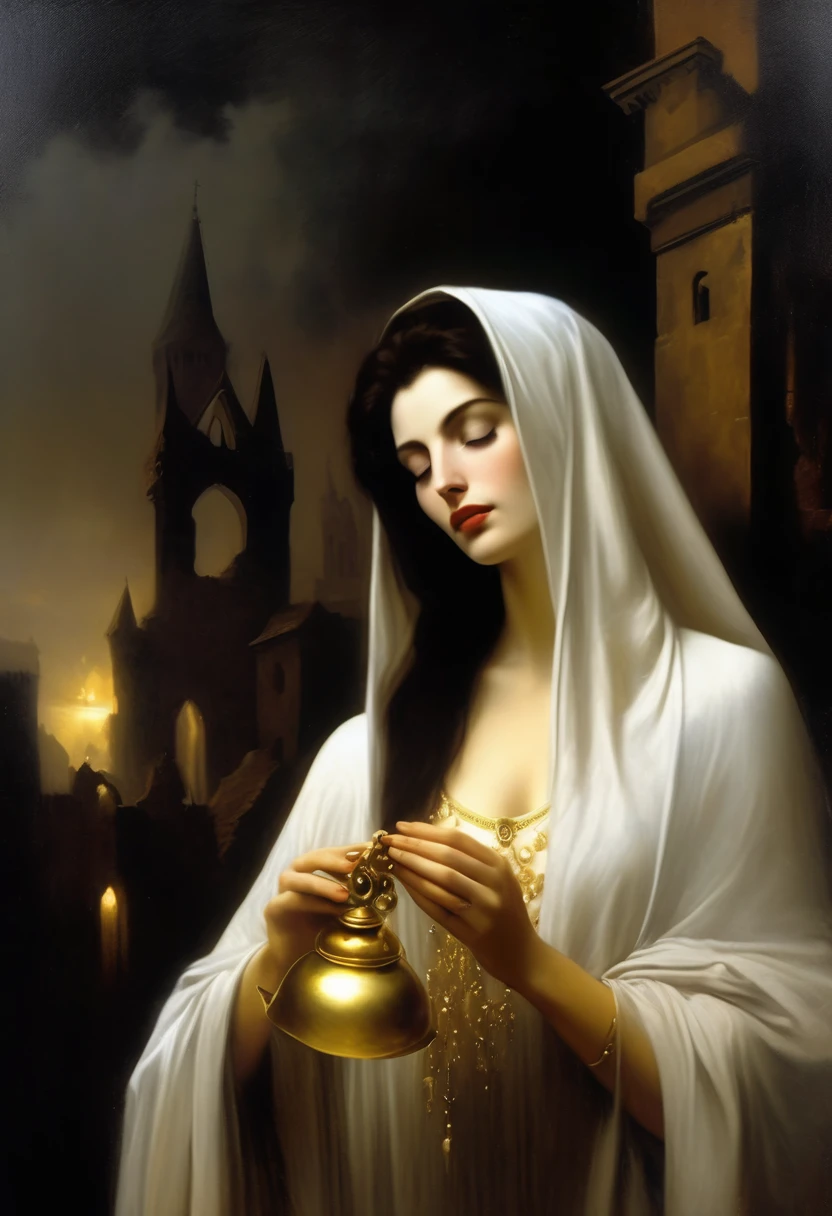 a very pale skinned european woman, covered by a white shroud with gold jewelry, she holds a golden bell in her hand , long dark hair, surrounded by will-o'-the-wisps, ruins of a large foggy medieval city at night in background, detail richness, masterpiece, best quality, caravaggio painting style, painting style