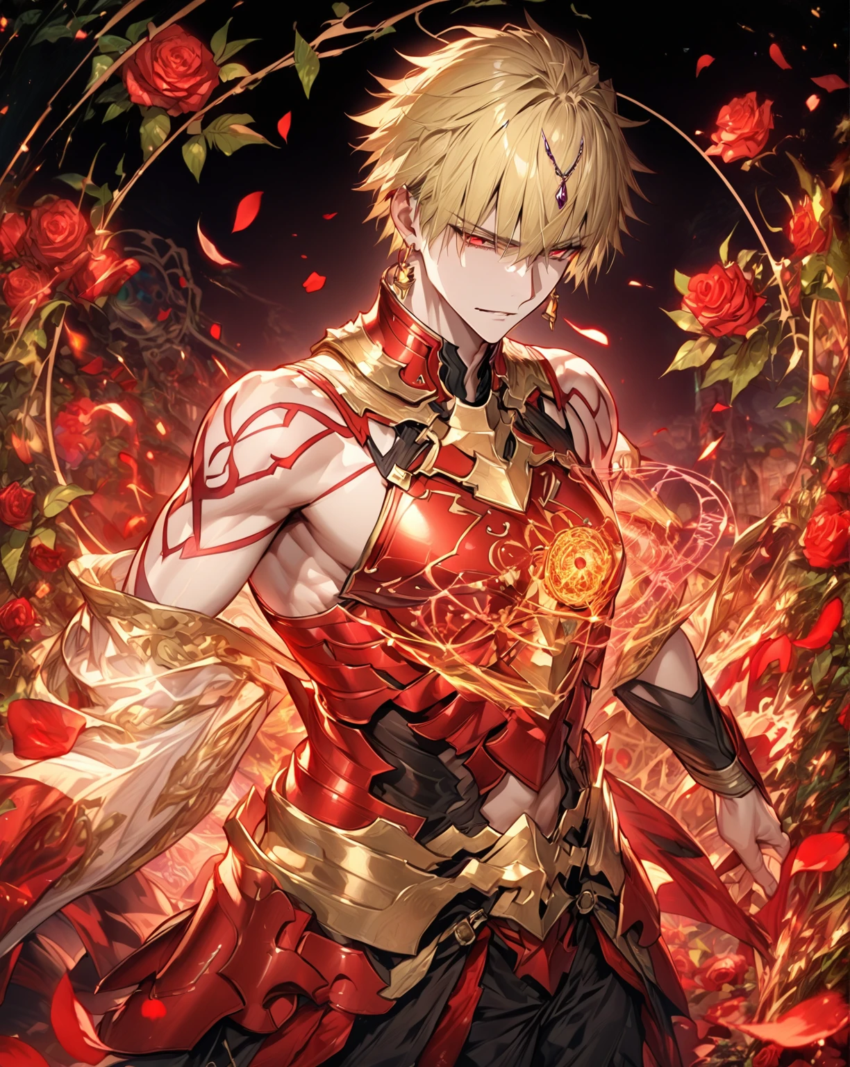 absurdres, highres, ultra detailed, HDR, master piece, best quality, extremely detailed, detailed eyes, detailed face, Gilgamesh, blonde hair, short hair, expressive red eyes, Fate Grand Order, solo, sexy man, handsome, sensual, adult face, golden necklace, square golden earrings, red tattoo, black clothes, red armor, magic circle, garden, green leaves, red petals, red roses, fantasy, magical