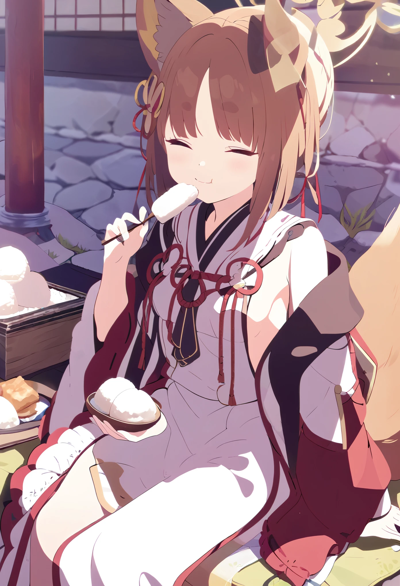 Masterpiece、Shrine maiden costume、shrine、Fox ears and tail、Cute single tusk、Very small breasts、Brown Hair、An innocent smile、fun、sitting on the edge、Eating rice balls、noon、sunny