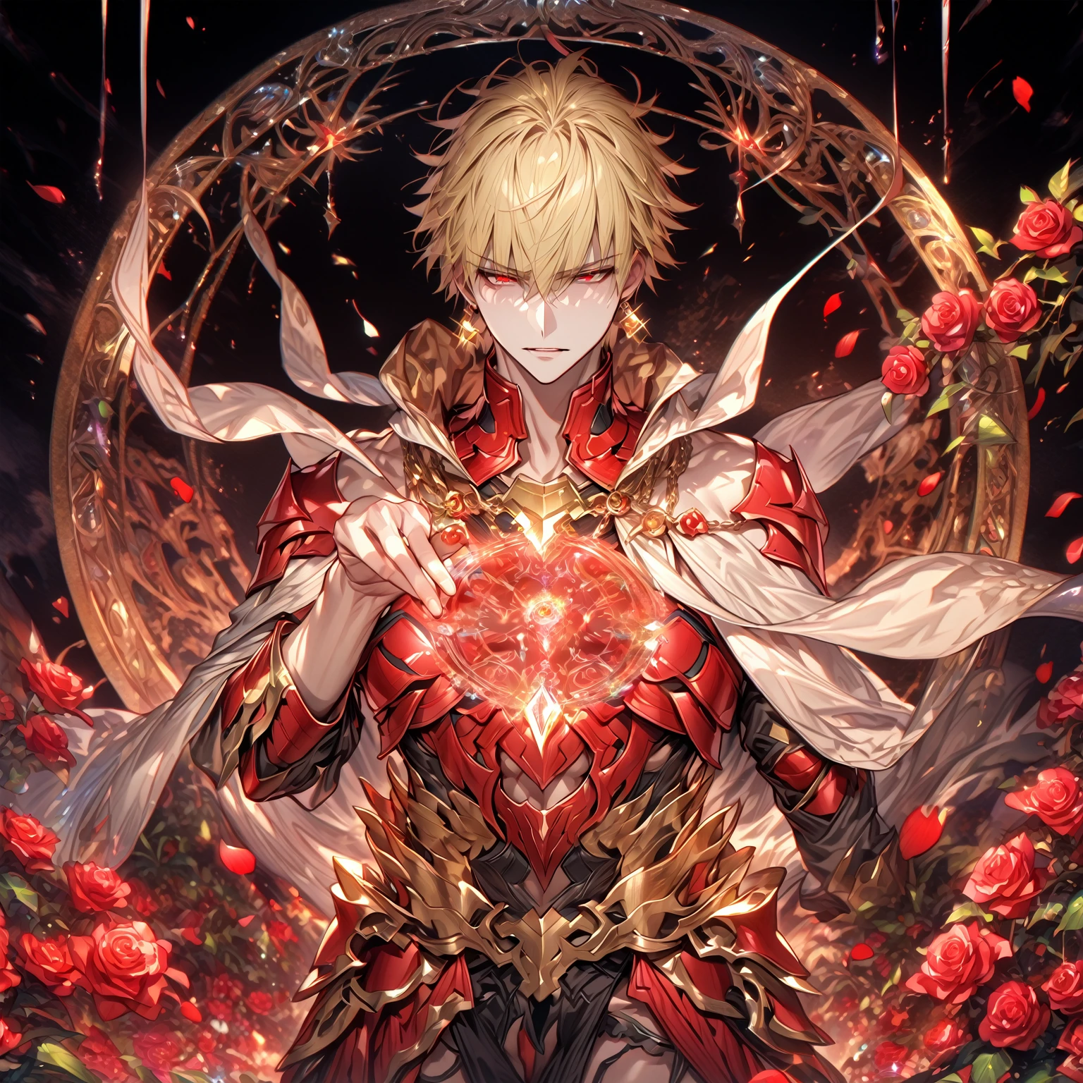 absurdres, highres, ultra detailed, HDR, master piece, best quality, extremely detailed, detailed eyes, detailed face, Gilgamesh, blonde hair, short hair, expressive red eyes, Fate Grand Order, solo, sexy man, handsome, sensual, adult face, golden necklace, square golden earrings, red tattoo, black clothes, red armor, magic circle, garden, green leaves, red petals, red roses, fantasy, magical