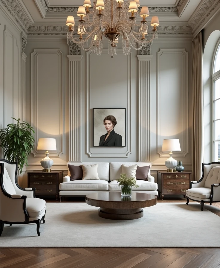 Living room Interior design, furnished marble, sofa set, front portrait, Scenery painting at wall which backside the sofa, realistic, detailed portrait, masterpiece, best quality, FHD resolution