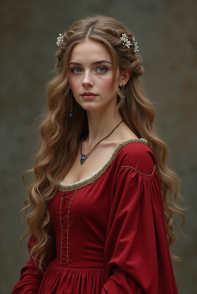 light brown hair, wavy and half up with some loose strands in the front and some hair ornaments. With a long red medieval dress and brown boots 
