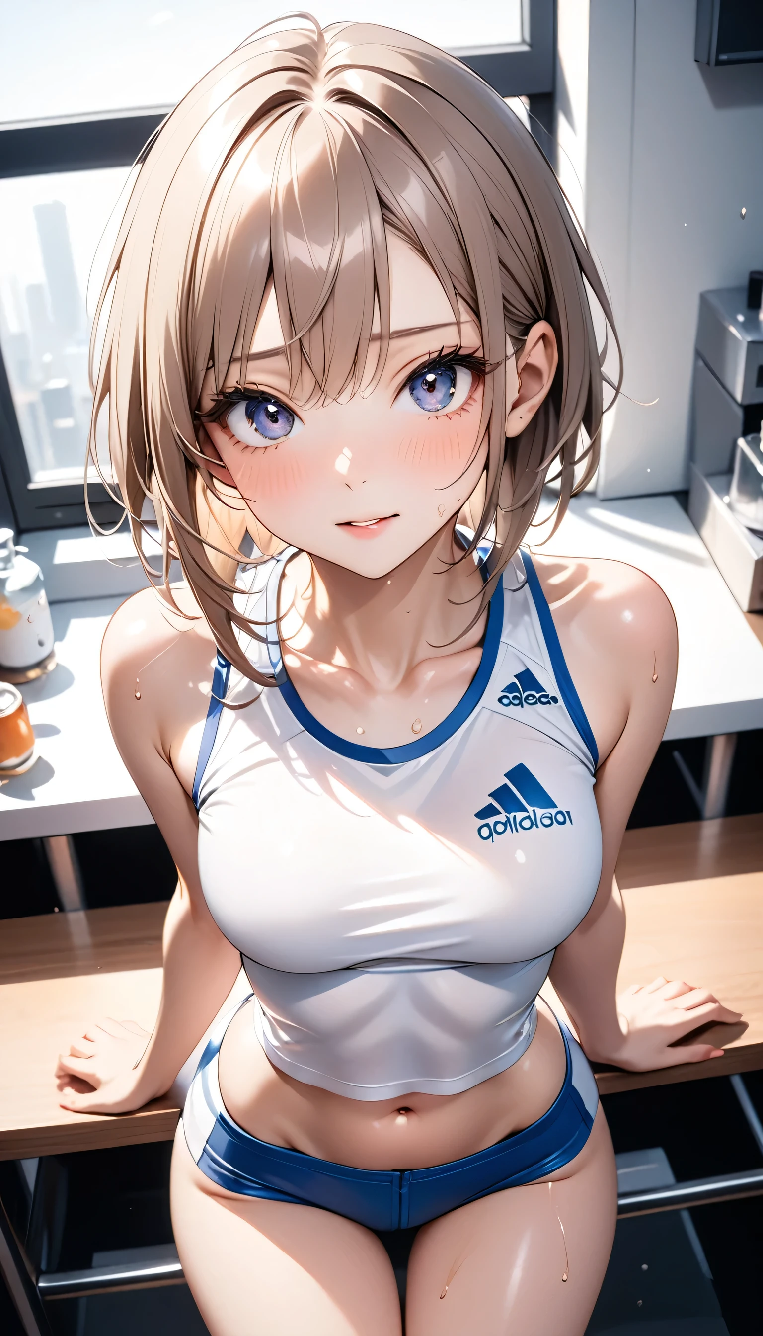 Female Olympian,(((Athlete uniforms), (Shinyコスチューム))), (navel), skindentation, skinny, Alone, 1 female, masterpiece, Best Quality, Best Quality, 16k, Unbelievably absurd, Very detailed, 2.5D, AI-generated, Delicate and dynamic, Very delicate facial expression, Delicate eye depiction, Erotic, only sexy woman, ((A cute and kind face)), Healthy body shape, ((2. Women)), Height: 160cm, Medium firmness and swaying bust, , sweat,Embarrassing,sexy, ((Thin thighs)), (Camel Toe:0.7), (Nipples are visible:0.5), (Erect nipples,:0.7), Shiny, Facing directly at the viewer,  (((Heat stroke))), ((Oily_skin)), ((Dutch Angle)), ((Erotic pose)), ((Wankeen)), On the laboratory bench、