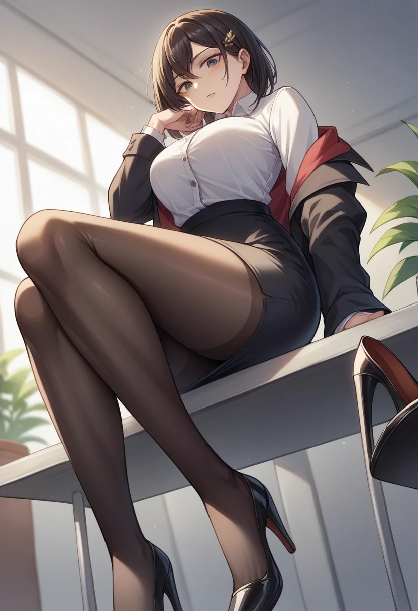 Hyper realistic super detailed , houshou NSFW wearing high heels pantyhose sitting legs crossed