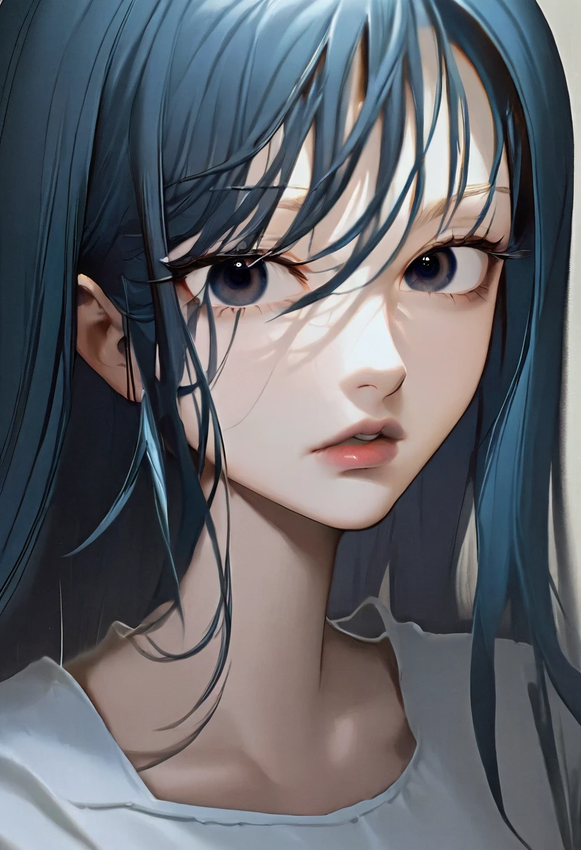 image of a girl, slanted eyes, ((Eyeliner)), ((Black eyes)), ((Thin lips)), ((Dark blue hair)), straight hair, with a white shirt