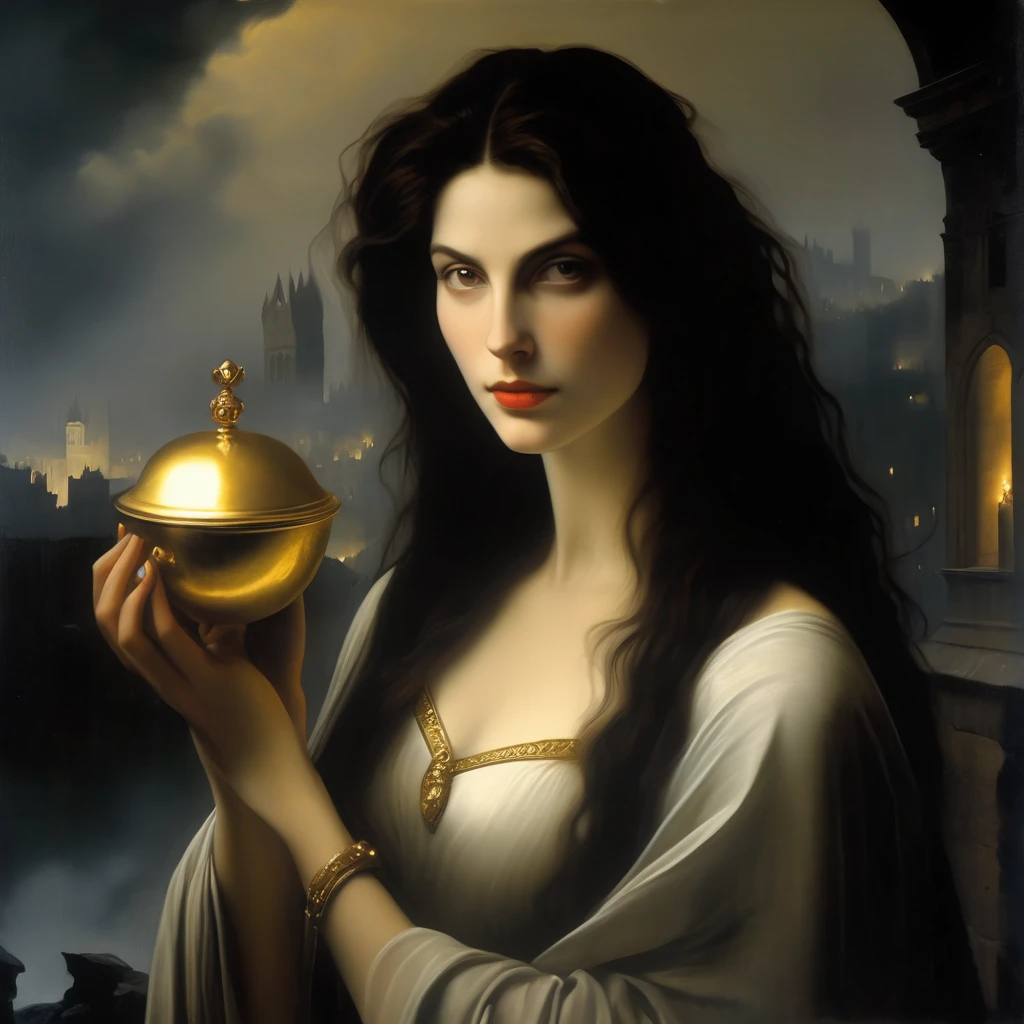 a very pale skinned european woman, covered by a white shroud with gold jewelry, she holds a golden bell in her hand , long dark hair, surrounded by will-o'-the-wisps, ruins of a large foggy medieval city at night in background, detail richness, masterpiece, best quality, caravaggio painting style, painting style