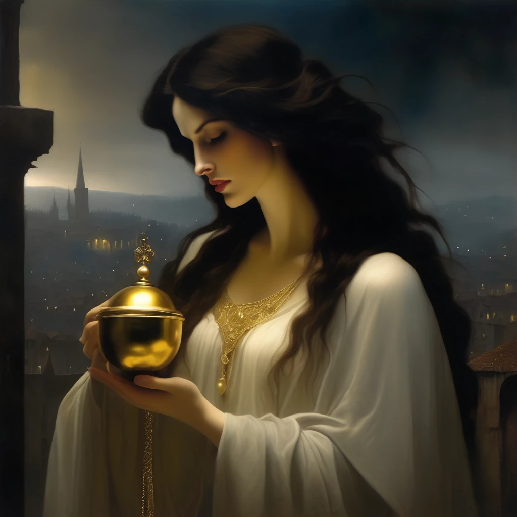 a very pale skinned european woman, covered by a white shroud with gold jewelry, she holds a golden bell in her hand , long dark hair, surrounded by will-o'-the-wisps, ruins of a large foggy medieval city at night in background, detail richness, masterpiece, best quality, caravaggio painting style, painting style