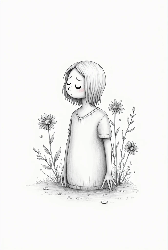 Clean black and white coloring book page of Young lady sad and crying in beautiful garden picking flowers, black and white, outlines only, line art, vector, black background, vector art, entire image should be defined with outlnes and edges clearly for page to colored and filled in with markers after printing