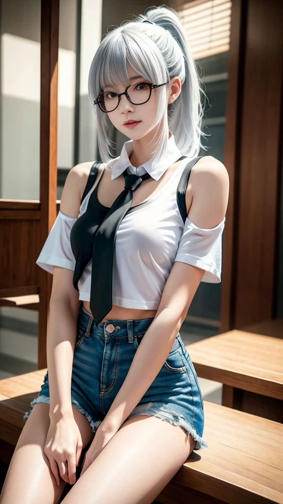 skinny, wide hips, small breasts, flat-chested, full lips, (bow top, underboob, skirt, light blue), thick thighs,, short hair, white hair, looking at viewer, (masterpiece), in school hallway, (best quality:1.2), absurdres, intricate details