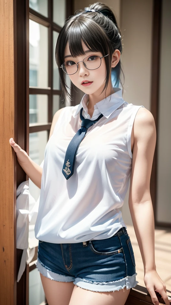 A cute girl is confined and tied up、Beauty、Make your eyes even、Hands are tied with ropes、Inside the hotel room、White short-sleeved shirt on the upper body、The lower half is light blue panties、Standing sadly、Age 25、Medium build、Like real life、highest quality、