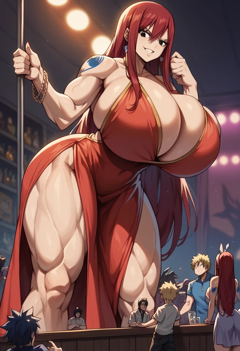 Erza Scarlet from fairy tail, Massive breasts, strip club, bent over, {Ultra gigantic breasts} massive cleavage, wide hips, muscular, playful expression, erza, red evening dress, giantess 