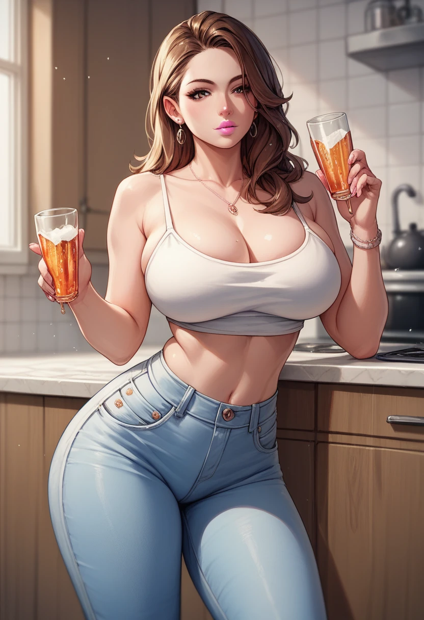 A girl living on  background big kitchen brown hair pink lips white short top short blue jeans pant  big breast over size hip standing and drinking alcohol solo iconic look  ultra HD high quality anime picture 