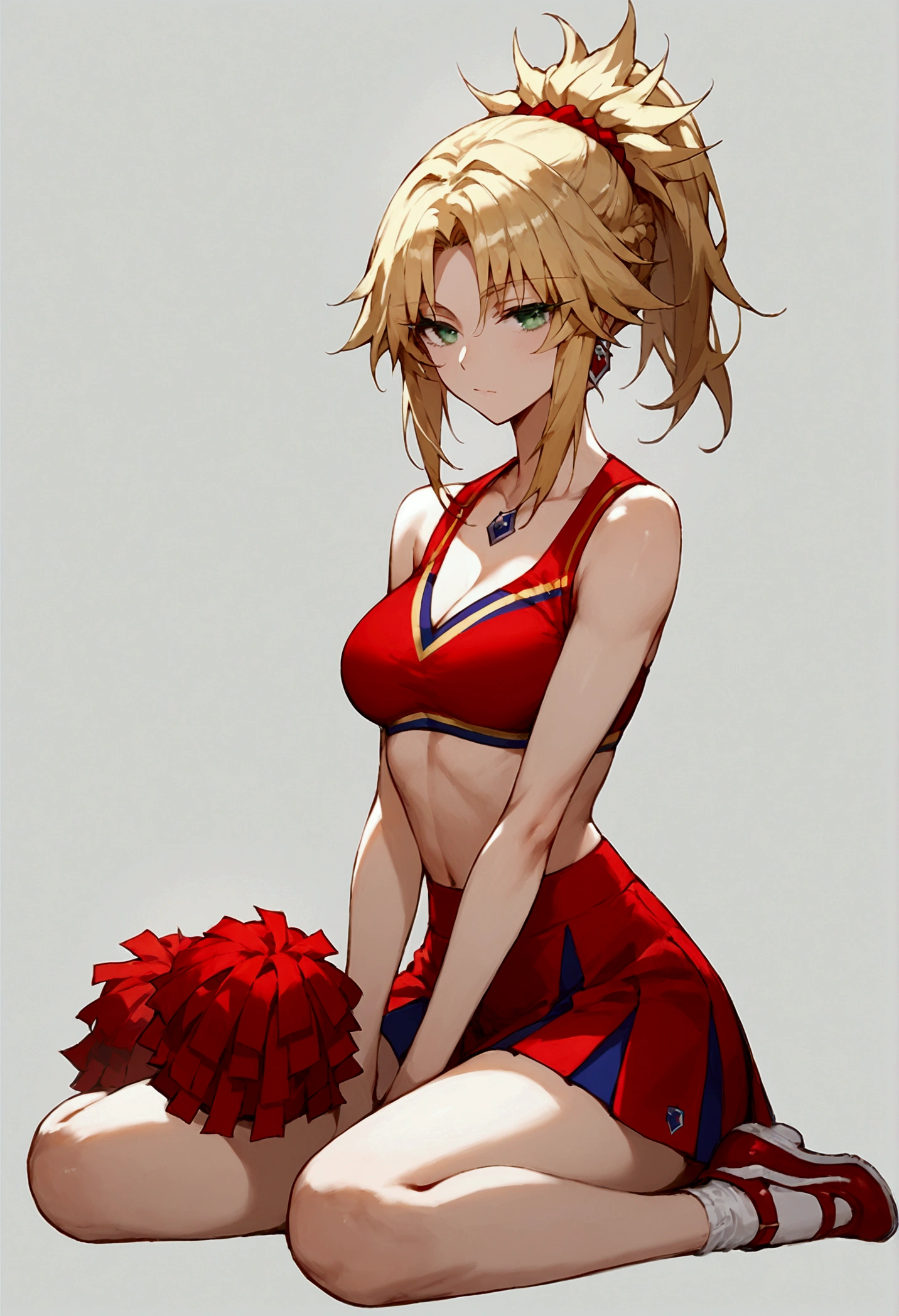 score_9, score_8_up, score_7_up, Mordred (Fate GO), 1 girl, green eyes, blonde hair, sexy, full body, dressed as a cheerleader, half-closed eyes, earrings, long eyelashes, sexy, big bust, beautiful face, perfect eyes
