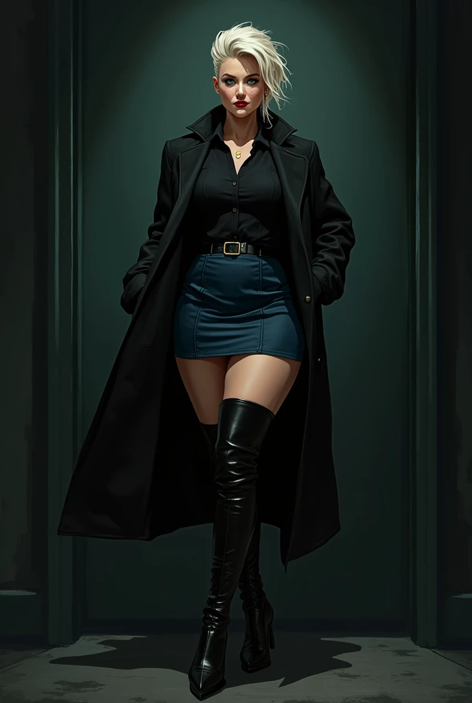 masterpiece, best quality, 1girl, pujack3t, long sleeves, standing, full body, boots, high heels, coat, high heel boots, handbag, trench coat, latex, open coat, no clothesunder coat, naked body under coat, ,long hair, curvy, orange hair,nude body