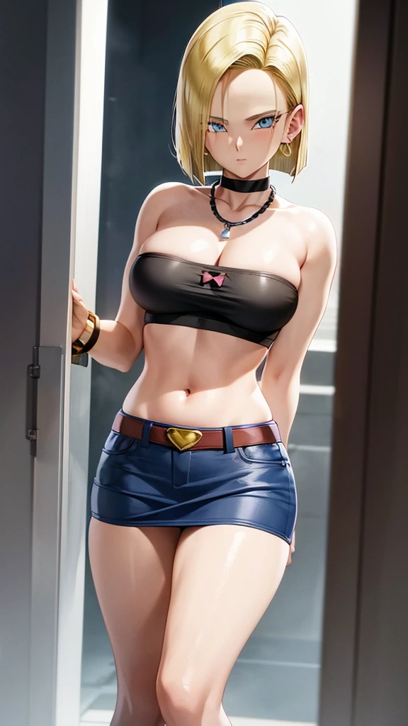 best quality, high resolution, and18, 1girl, android 18, Android18DB, solo, blonde hair, blue eyes, short hair, earrings, necklace, choker, bracelet, accessories, perfect body, perfect abdomen, perfectly round button, beautiful body, beautiful legs, beautiful face, tight black crop top (under breasts), dark blue miniskirt, cleavage, visible abdomen, raised skirt, high stockings, charming look, sexy pose, blurred background, (night time, dark sky), (8K), (masterpiece), ((photorealistic))