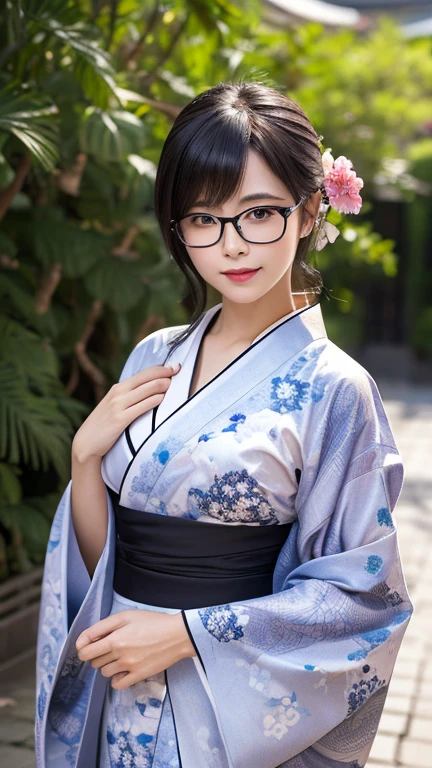 (masterpiece, highest quality:1.4), Beautiful Face, 8k, 85mm, Absurd, (Floral Yukata:1.1), Face close-up, violet, Gardenia, Delicate girl, alone, night, View your viewers, Upper Body, Film Grain, chromatic aberration, Sharp focus, Face Light, Professional Lighting, Sophisticated, (smile:0.4), (Simple Background, Bokeh Background:1.2), detailed aspects,(Show one breast:1.2)((Very young and immature & Very few & Very flat chest:1.2),(Pink fashion glasses,1),(Showing anus from behind:1),(hour々々Anal licking:1),(((She takes off her yukata and shows off her shaved pussy:1.2))),(Very small flat chest:1.1)