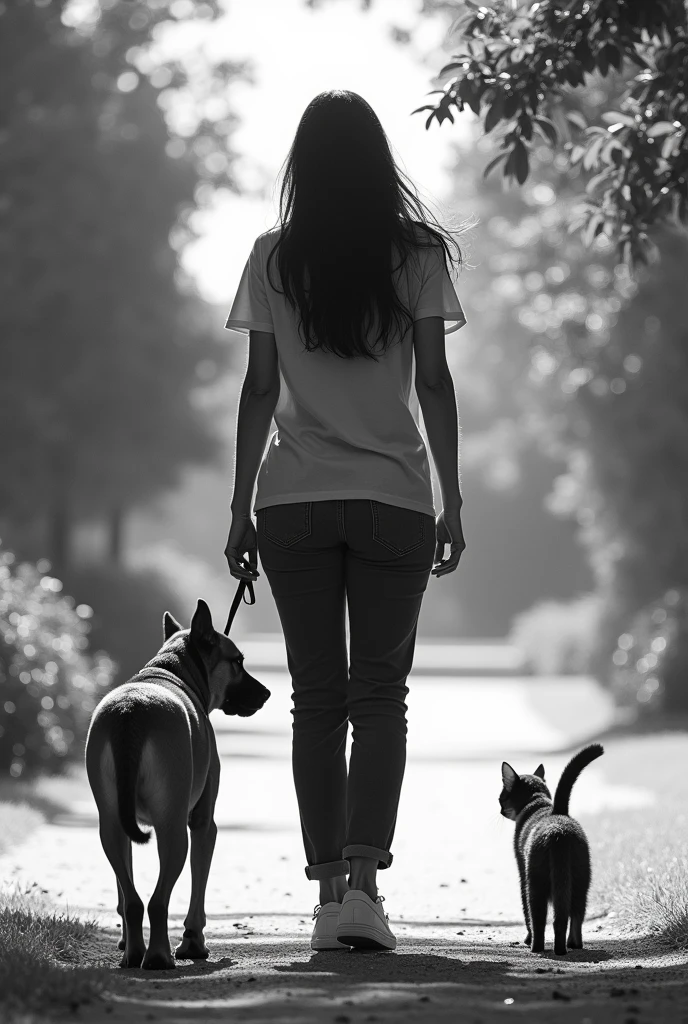 longing, black hair, hair below the shoulder, in pants, shirt and shoes,
Walking with dog and cat in the park Black and white image