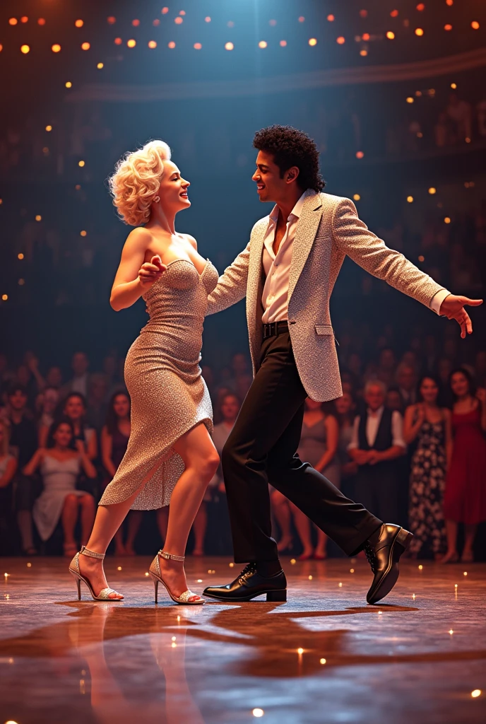 Black man dressed in a 1920s style African designed suit and white German woman dressed in 1920s style European attire, both smiling and dancing together, spotlight shines on them as a jazz band plays music in the background. In a bar full of joyous people. 1920s style of art.