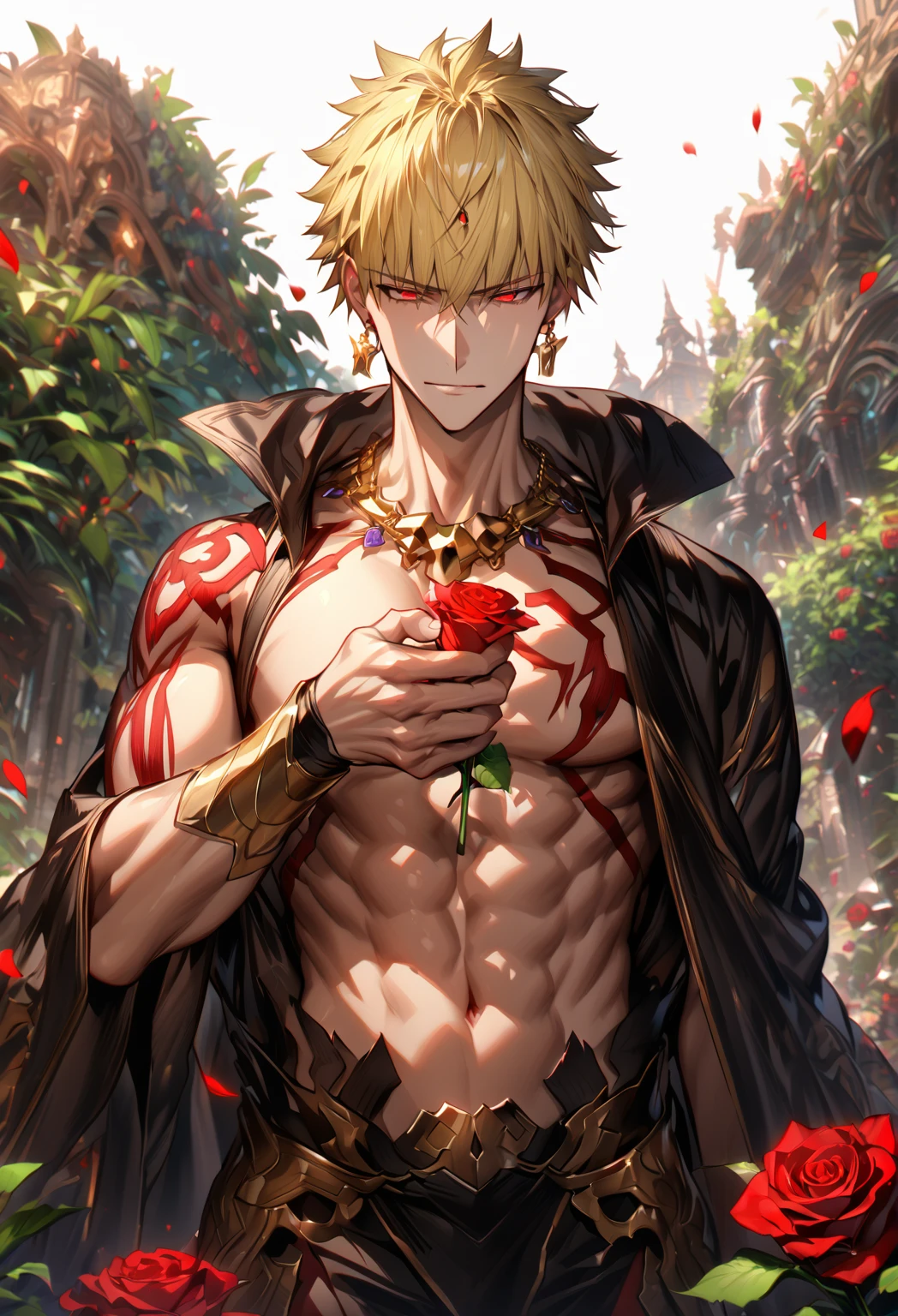 absurdres, highres, ultra detailed, HDR, master piece, best quality, extremely detailed, detailed eyes, detailed face, Gilgamesh, blonde hair, short hair, expressive red eyes, Fate Grand Order, solo, sexy man, handsome, sensual, adult face, golden necklace, square golden earrings, red tattoo, black clothes, toned chest, magic circle, garden, green leaves, red petals, red roses, fantasy, magical, holding a rose