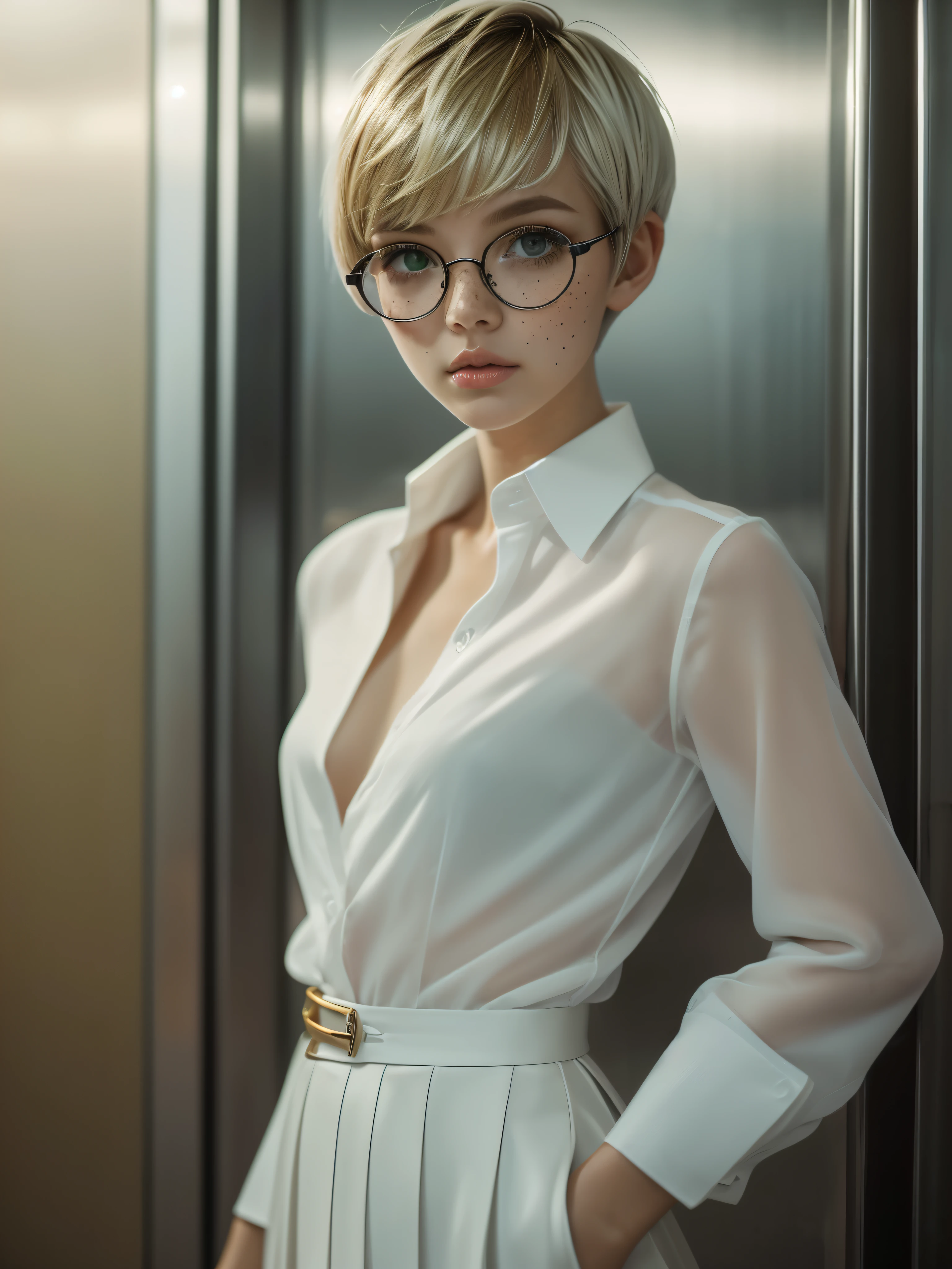 1girl, elegant bearing, small, slender build, short height, narrow shoulders, pale skin dotted by freckles, short platinum blonde hair, (((pixie cut hairstyle))), (((boyish hair))), (dark green eyes), silver glasses, cute facial features with an underlying elegance, thin lips, small breasts, youthful teen girl, RAW photo, ((slim body: 1)), (HQ skin: 1.4), 8k uhd, soft light, high quality, ((school uniform, white dress shirt, gold accents, (looking at viewer:1.4), crowded elevator
