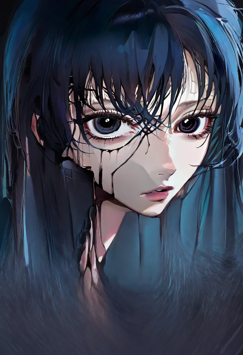 image of a girl, slanted eyes, ((Eyeliner)), ((Black eyes)), ((Thin lips)), ((Dark blue hair)), straight hair, with a white shir,Nervous 