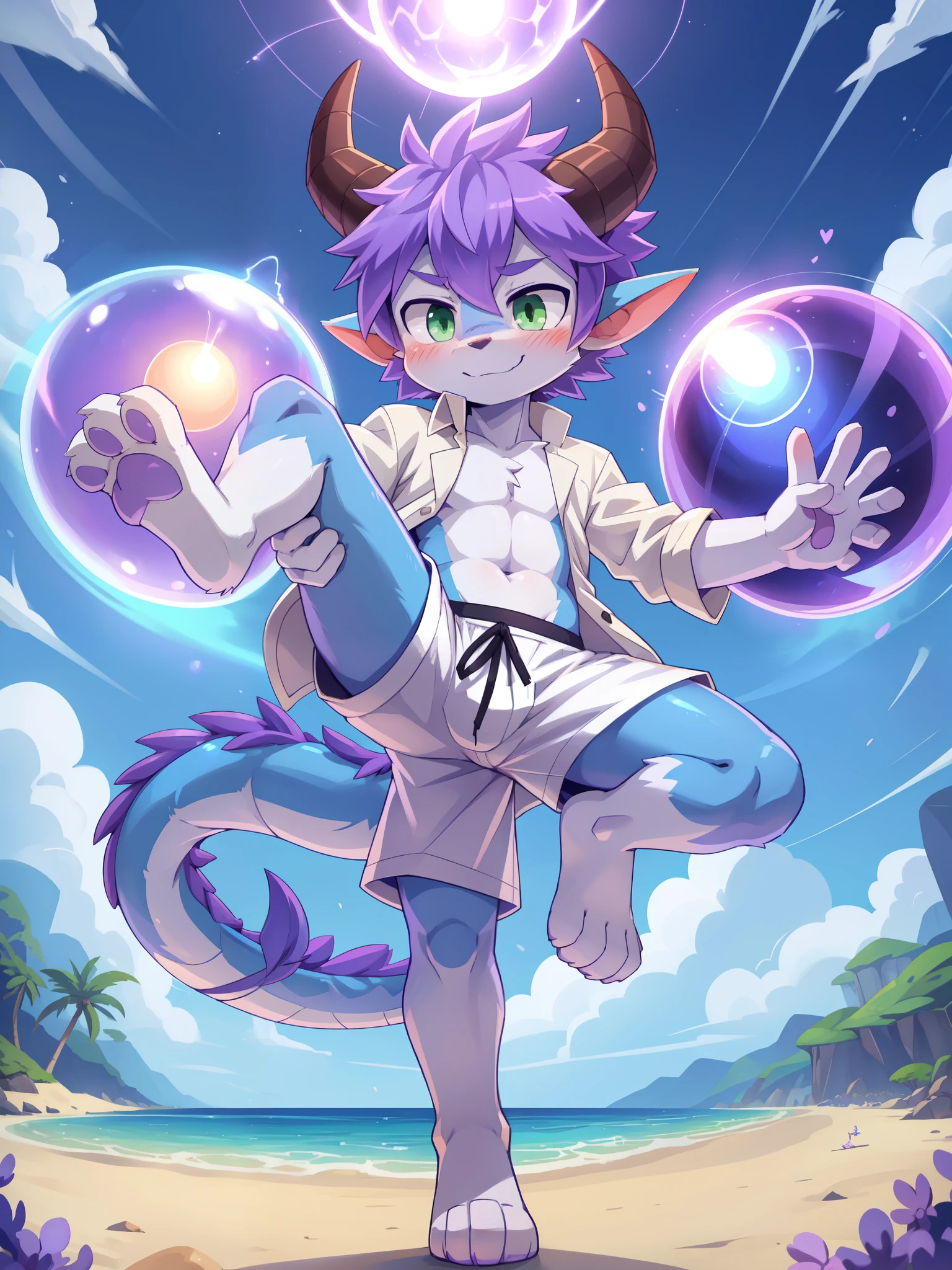 score_9,score_8_up,score_7_up, source_cartoon, source_furry, dragon boy, horns, green eyes, tail, purple hair, shota, furry, blush, dragon tail, looking at viewer, smile, dragon horns, pointy ears, short hair, furry male, two tone body fur, blue body fur, white body fur, ((white hawaiian shirt, open clothes, black swim trunks)), full body, feets with three toes, 3 toes, dynamic action shot, motion blur, thick outline, anthropomorphic, countershading, beach, clear sky, ((prepare to fight pose, most powerfull, lilac aura & energy ball, lilac energy ball on hand, lilac magic, standing with one leg, one leg up)), looking at you,