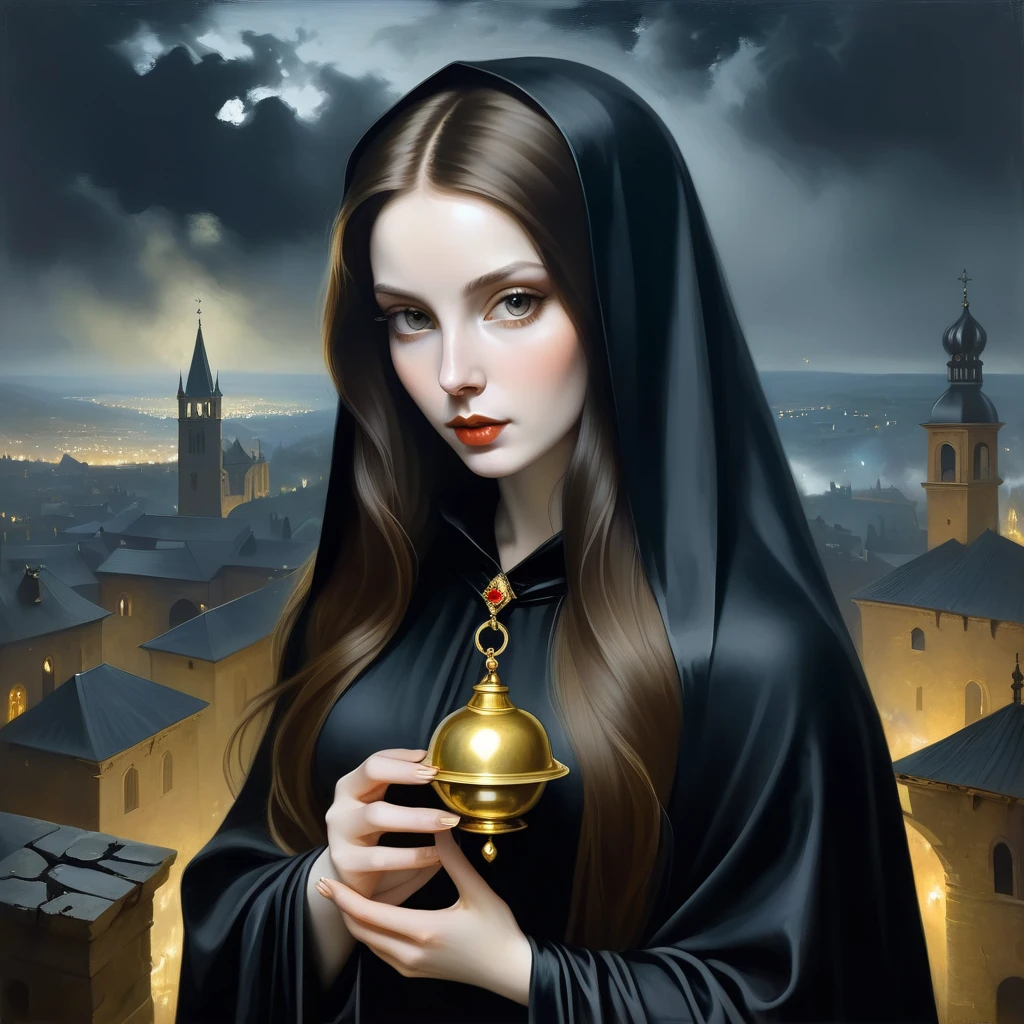 a very pale skinned european woman, covered by a black shroud with gold jewelry, she holds a golden bell in her hand , long dark hair, surrounded by will-o'-the-wisps, ruins of a large foggy medieval city at night in background, detail richness, masterpiece, best quality, caravaggio painting style, painting style