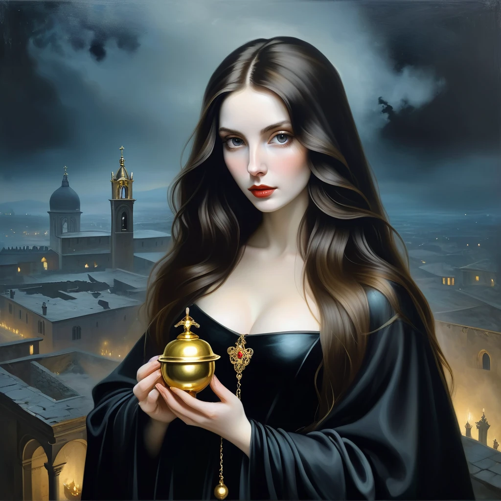 a very pale skinned european woman, covered by a black shroud with gold jewelry, she holds a golden bell in her hand , long dark hair, surrounded by will-o'-the-wisps, ruins of a large foggy medieval city at night in background, detail richness, masterpiece, best quality, caravaggio painting style, painting style