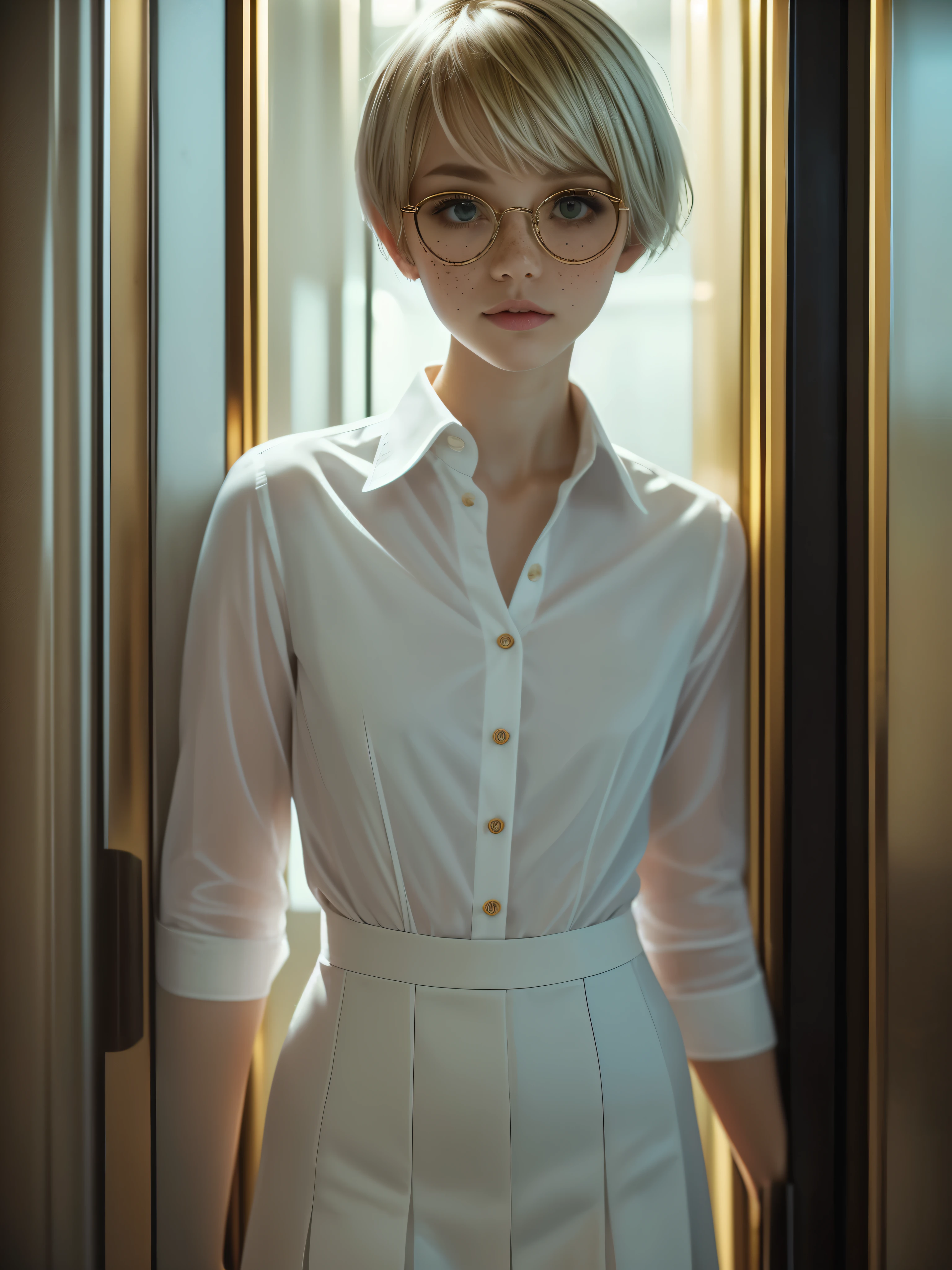 1girl, elegant bearing, small, slender build, short height, narrow shoulders, pale skin dotted by freckles, short platinum blonde hair, (((pixie cut hairstyle))), (((boyish hair))), (dark green eyes), silver glasses, cute facial features with an underlying elegance, thin lips, small breasts, youthful  girl, RAW photo, ((slim body: 1)), (HQ skin: 1.4), 8k uhd, soft light, high quality, ((school uniform, white dress shirt, gold accents, (looking at viewer:1.4), elevator
