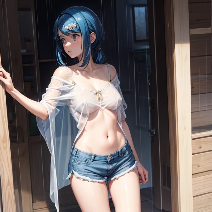 (best quality,4k,8k,highres,masterpiece:1.2),ultra-detailed,(realistic,photorealistic,photo-realistic:1.37),shy girl,emphasis on panties,sheer clothing,slightly blue hair,wet clothing,dynamic pose,soft lighting,bokeh