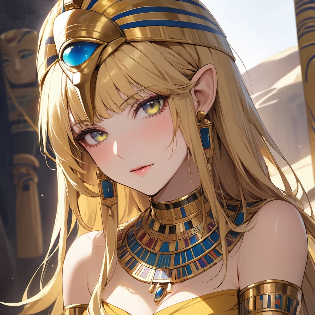 ((Best Quality)), ((masterpiece)), (detailed), （Perfect Face）、The high elf woman wearing a golden Tutankhamun mask is Seras Ashrain, a blonde high elf with medium-long hair who is wearing an Egyptian Tutankhamun costume, a golden Tutankhamun mask, gorgeous jewelry accessories and an engagement ring. Her face is painted gold to resemble Tutankhamun&#39;s face.