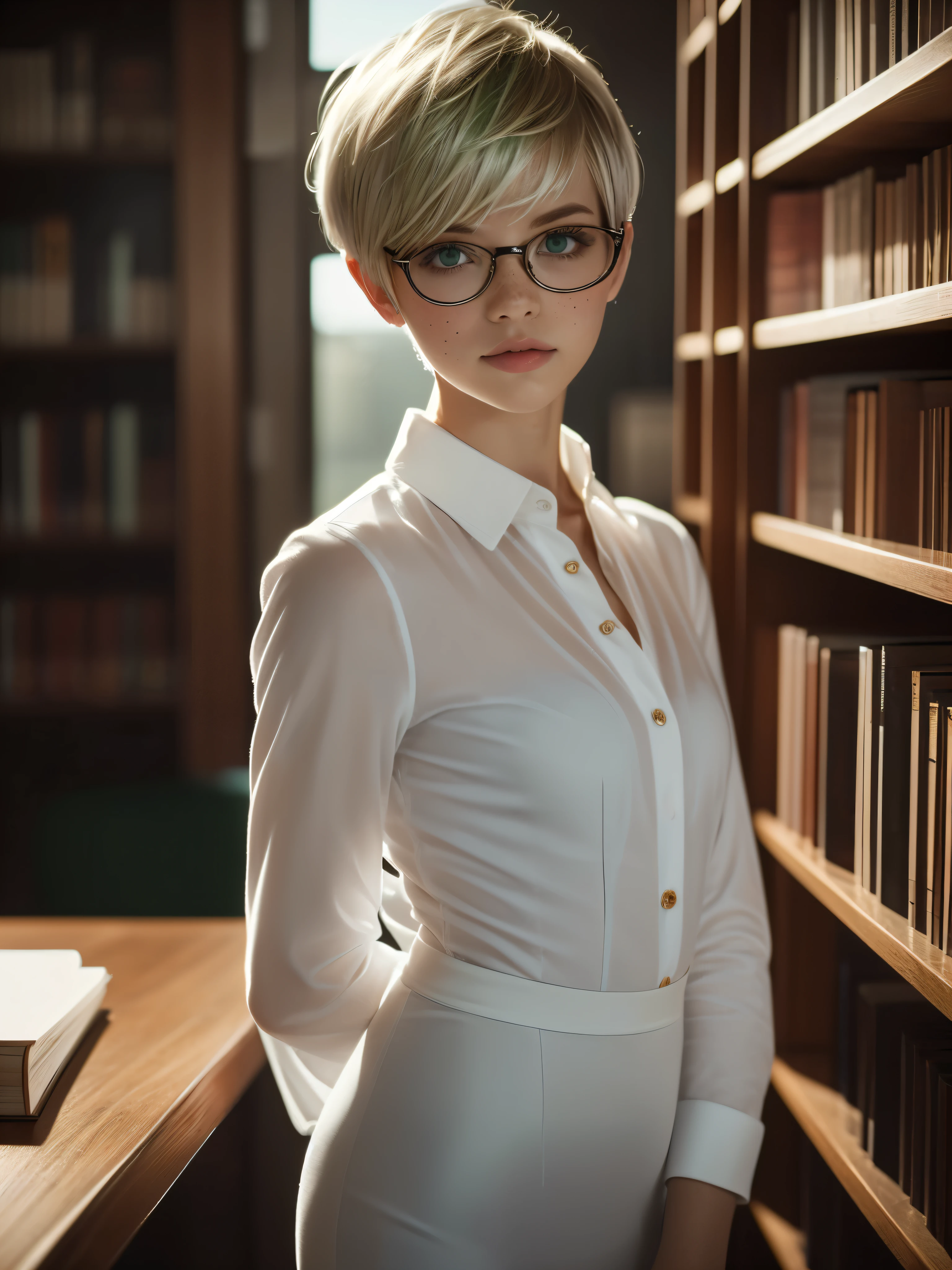 1girl, elegant bearing, small, slender build, short height, narrow shoulders, pale skin dotted by freckles, short platinum blonde hair, (((pixie cut hairstyle))), (((boyish hair))), (dark green eyes), silver glasses, cute facial features with an underlying elegance, thin lips, small breasts, youthful  girl, RAW photo, ((slim body: 1)), (HQ skin: 1.4), 8k uhd, soft light, high quality, ((school uniform, white dress shirt, gold accents, (looking at viewer:1.4), library