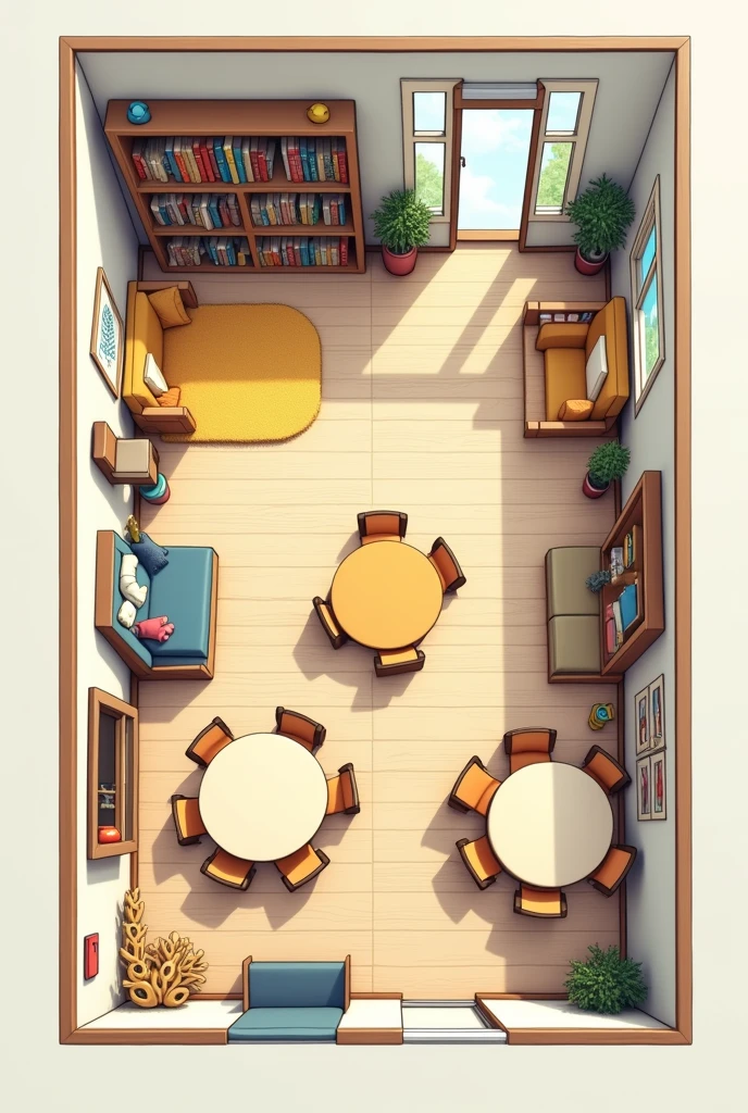 A floor plan of an education room , with bathroom door in the left corner and entrance door to the living room, and windows . On one side of the room, A space with a bookshelf, carpet and puffs and mattresses. on the other side, a space with round tables and chairs, with toy cupboard and cabin-like house