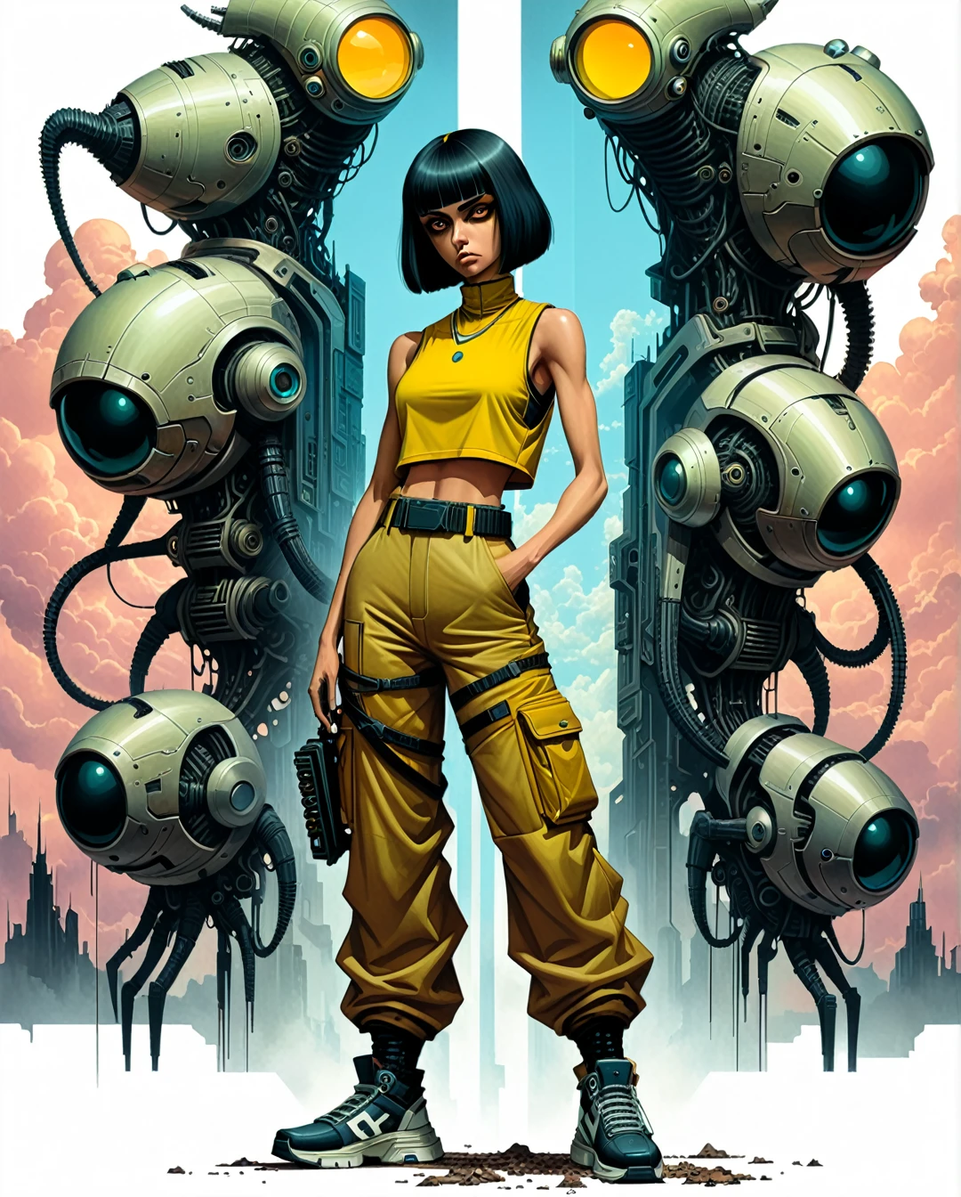 A young girl with cyberpunk aesthetics, comic style, beautiful ((whole body)) wide trousers, Waders, an arm holding a futuristic weapon, frontal, cara muy beautiful, powerful shocking, actual, Casual, Digital paint, digital portrait, An ultra-fine and detailed painting, moebius style, jean giraud, wet floor reflections