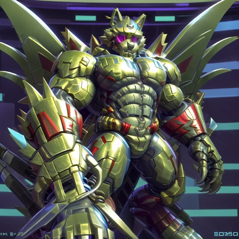 (freddy wolf, 8K), (freddy wolf's giant robot, Powered exoskeleton with the same design as freddy wolf), (Masterpiece, highres) (Detailed head, Detailed Body, Detailed abs, full body) (gigantic muscles, Gigachad Muscular, big muscle, pecs, triceps, traps, unusually developed muscular body, body full of huge muscles. showing off muscles, pectorales enormes, Exaggeratedly huge muscles.) (nj5furry, The claws are sharp, Sharp teeth, sharp claws), (long legs), (Spread wings, It has wings, have big wings, golden wings), (It has wings, whole body shines like metal, Wearing cyberpunk mecha, emphasizes the muscles, suit fully made of metal, intricate armor, Robotic suit, suit fully made of metal, cyborg. golden armor), (golden hyper penis), menacing pose, no face. He is wearing red sunglasses.