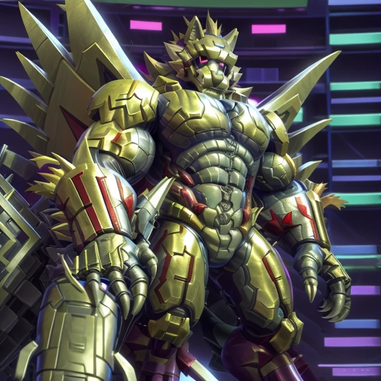 (freddy wolf, 8K), (freddy wolf's giant robot, Powered exoskeleton with the same design as freddy wolf), (Masterpiece, highres) (Detailed head, Detailed Body, Detailed abs, full body) (gigantic muscles, Gigachad Muscular, big muscle, pecs, triceps, traps, unusually developed muscular body, body full of huge muscles. showing off muscles, pectorales enormes, Exaggeratedly huge muscles.) (nj5furry, The claws are sharp, Sharp teeth, sharp claws), (long legs), (Spread wings, It has wings, have big wings, golden wings), (It has wings, whole body shines like metal, Wearing cyberpunk mecha, emphasizes the muscles, suit fully made of metal, intricate armor, Robotic suit, suit fully made of metal, cyborg. golden armor), (golden hyper penis), menacing pose, no face. He is wearing red sunglasses.