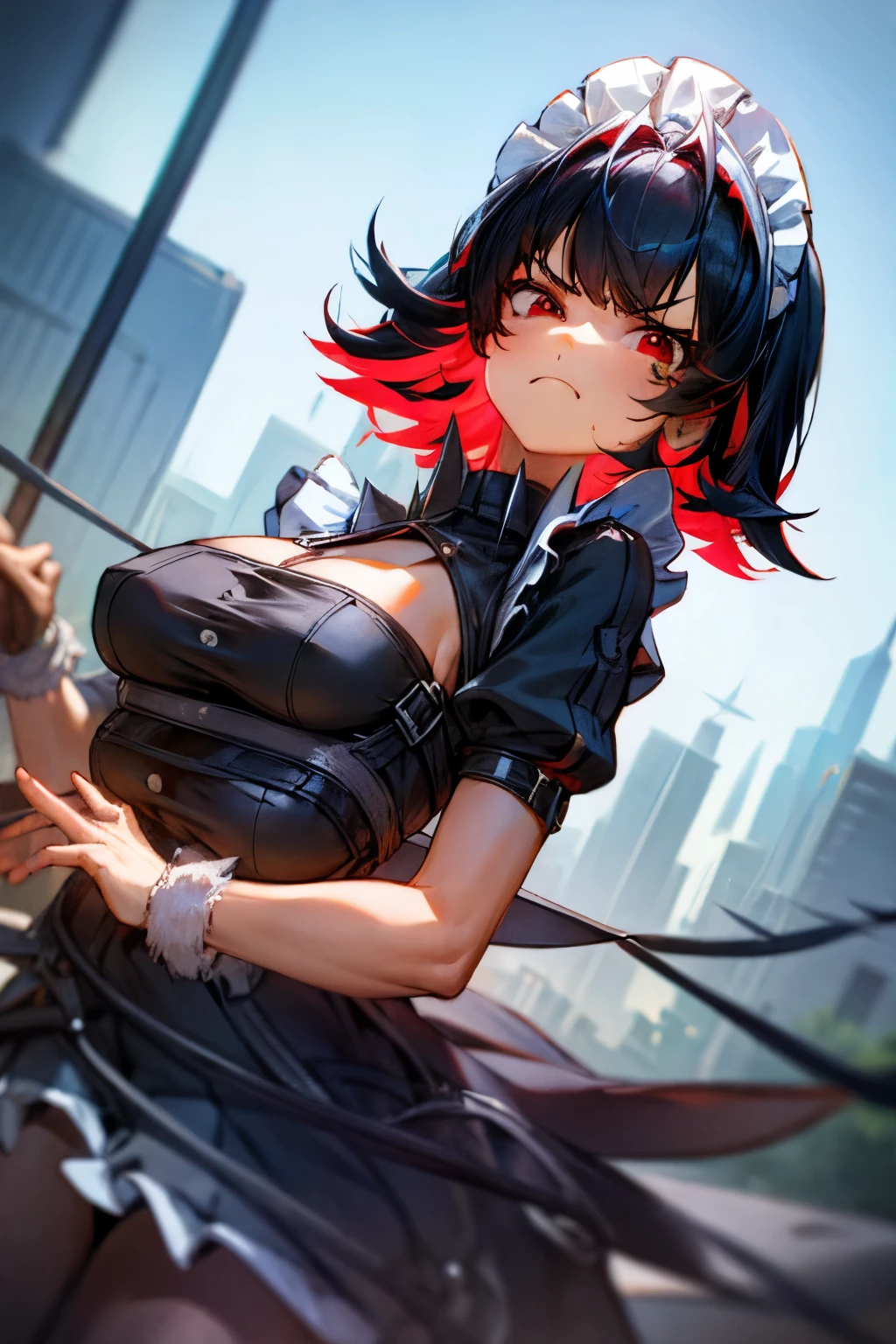 frowning, cute face, smug face, low angle shot, add_detail:2, 1girl, city street, modern city,,ellen joe, black hair, colored inner hair, multicolored hair, (red eyes:1.3), red hair, short hair, two-tone hair,ExtraBreasts, extra breasts, maid outfit, cleavage, large breasts, four breasts, holding own breasts