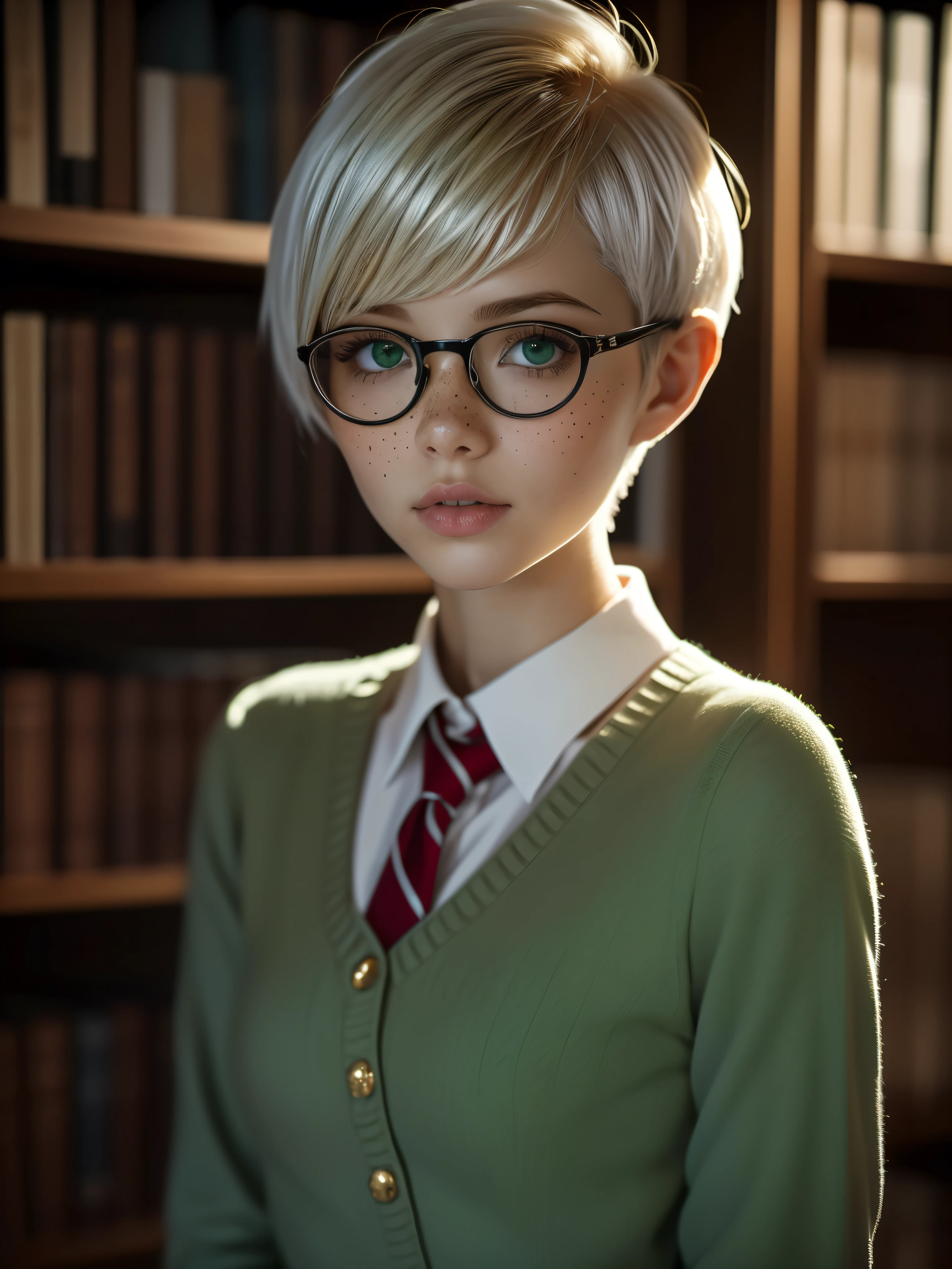 1girl, elegant bearing, small, slender build, short height, narrow shoulders, pale skin dotted by freckles, short platinum blonde hair, (((pixie cut hairstyle))), (((boyish hair))), (dark green eyes), silver glasses, cute facial features with an underlying elegance, thin lips, small breasts, youthful teen girl, RAW photo, ((slim body: 1)), (HQ skin: 1.4), 8k uhd, soft light, high quality, ((school uniform, white clothes, gold accents, (looking at viewer:1.4), library
