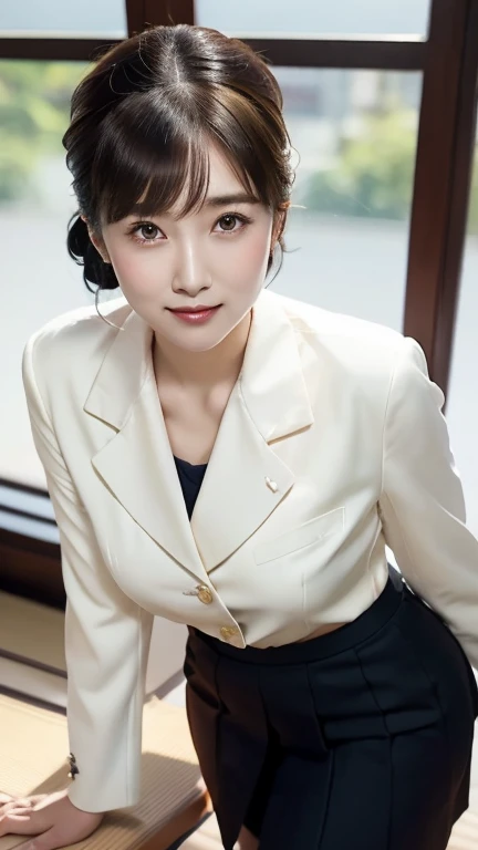 BBeautiful Japanese female, business suit, cotton tight skirt, thighs, beautiful calves, smile, round face, updo, shot from the knees up, standing, shot from the front, detailed beautiful eyes, detailed beautiful face, gentle eyes, droopy eyes, bangs, 8K high resolution, office,